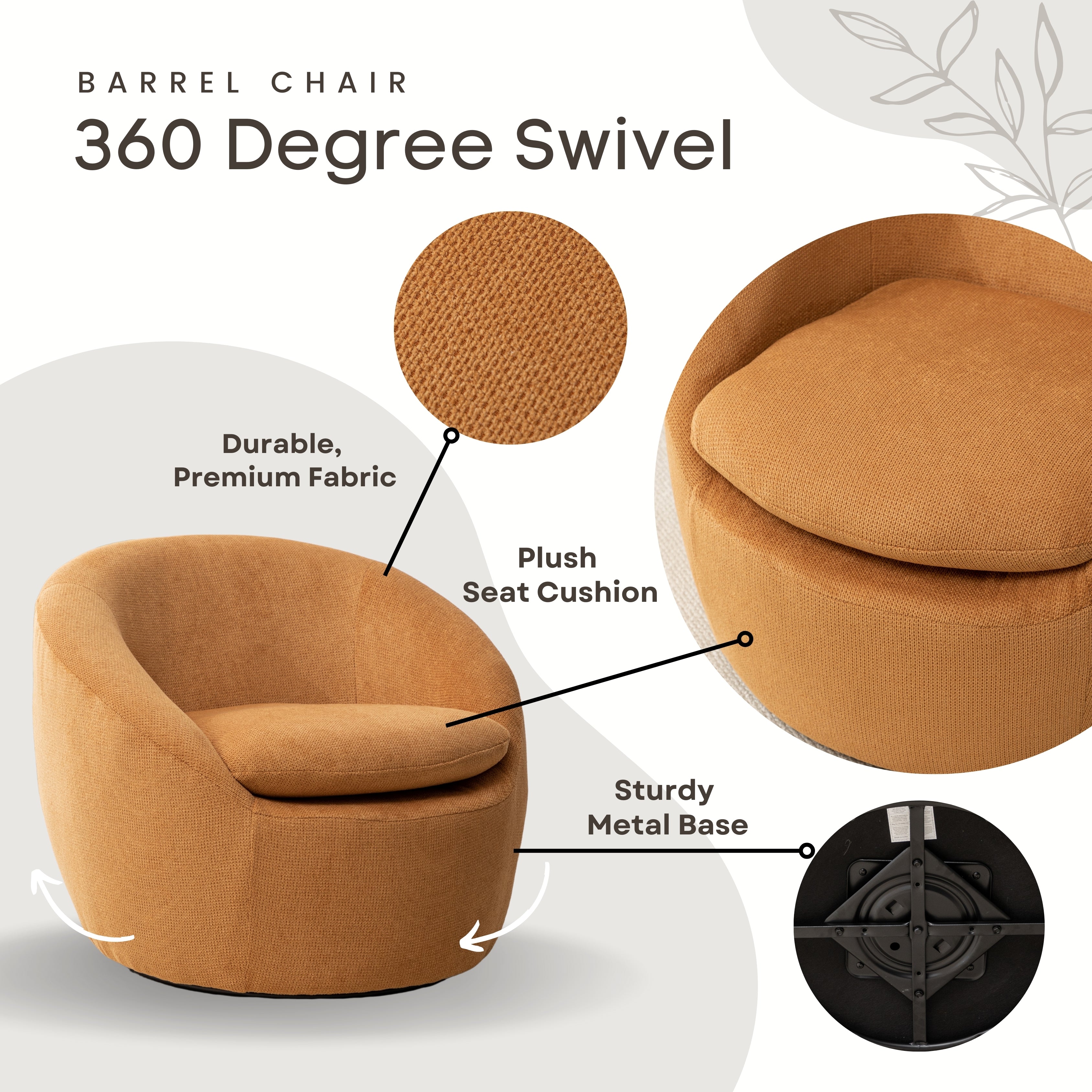 Roundhill Furniture Winnie Modern Barrel Chair - 360° Swivel Accent Chair with Upholstered Seat & Metal Base for Living Room, Bedroom or Office