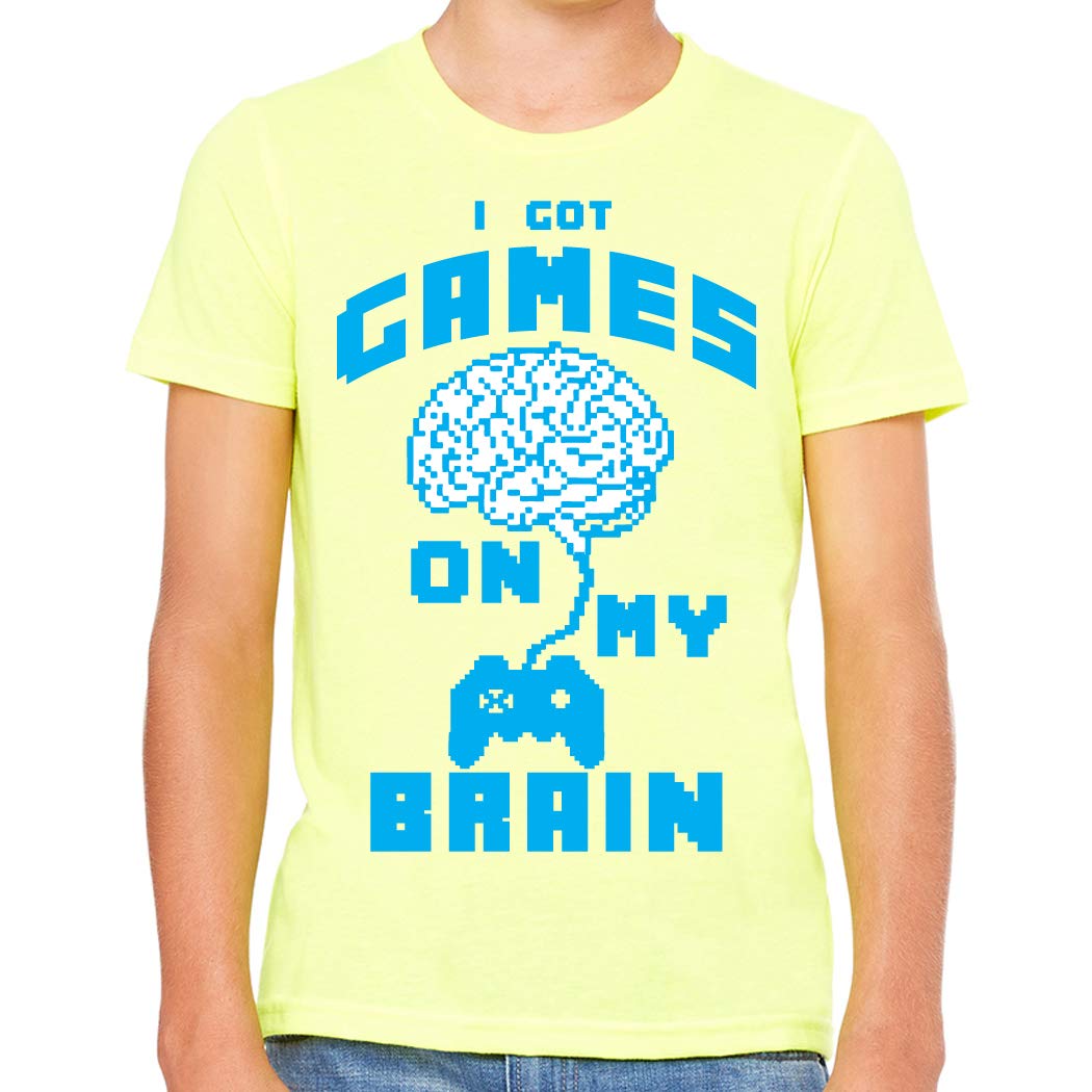 I Got Games On My Brain Boys Neon Yellow T-Shirt - Large Size | Fun Gaming Graphic Tee for Boys | Perfect for Gaming Parties & Casual Wear
