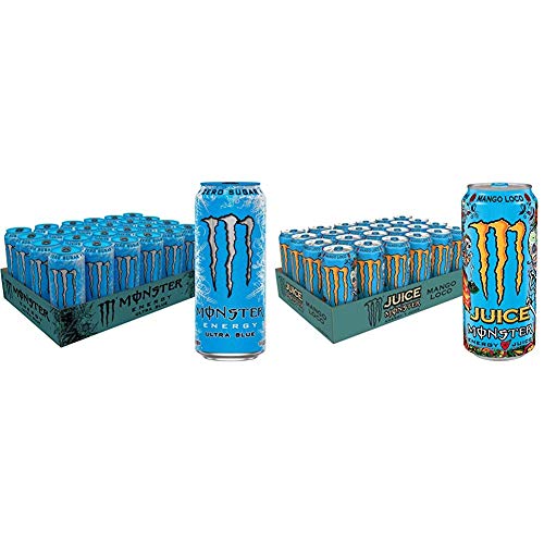 Monster Energy Ultra Blue Sugar Free Energy Drink & Juice Monster Mango Loco Energy + Juice Combo Pack - 16oz Cans (24 Pack Each) - Perfect for Workouts, Gaming, and All-Night Study Sessions
