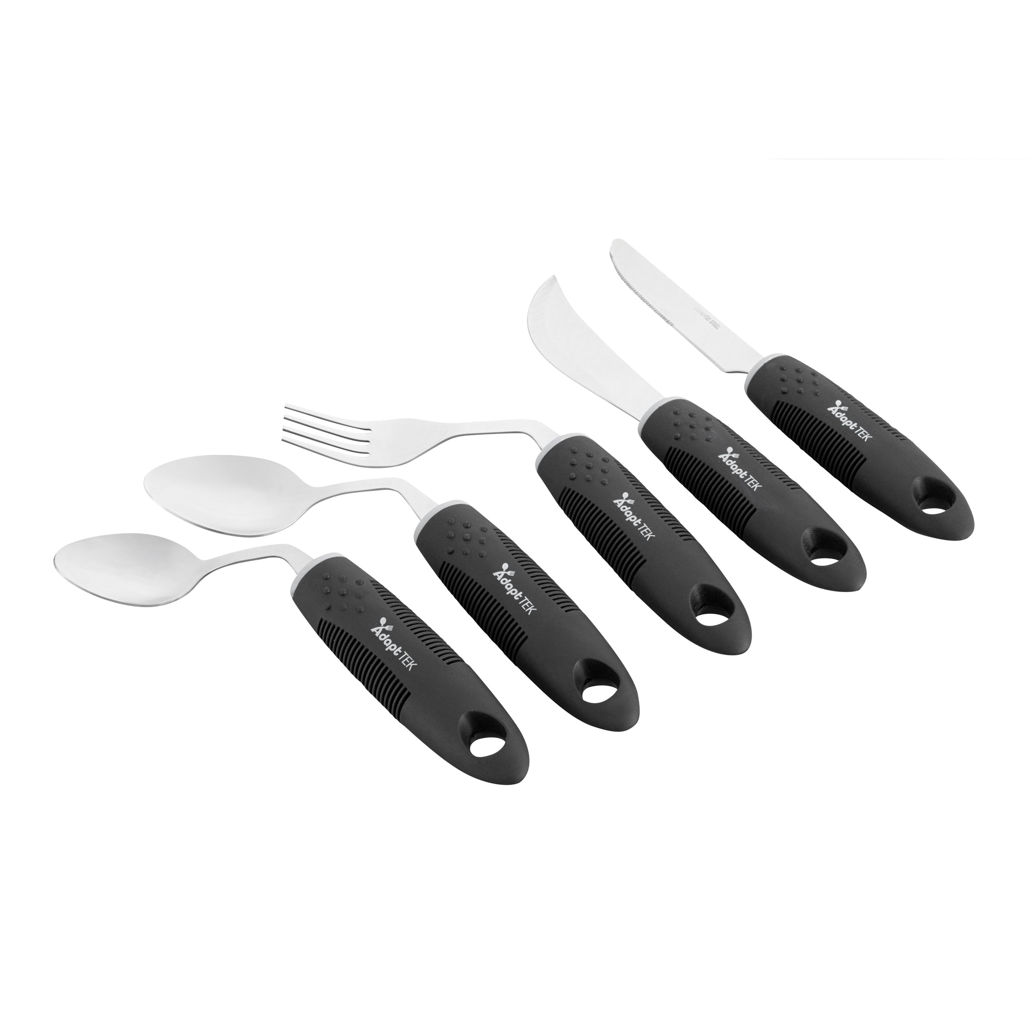 Adapt Tek Black Stainless Steel 5-Piece Adaptive Offset Utensil Set for Right-Handed Users - Lightweight, Non-Slip Grip (1 Count) - Ideal for Arthritis & Limited Mobility in Kitchen