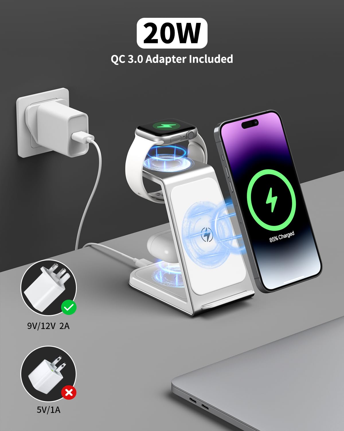 3 in 1 Wireless Charging Station for iPhone 16/15/14/13/12/11, Apple Watch & AirPods - 15W Fast Wireless Charger Stand with Aluminum Alloy Base | Perfect for Home, Office & Nightstand Charging