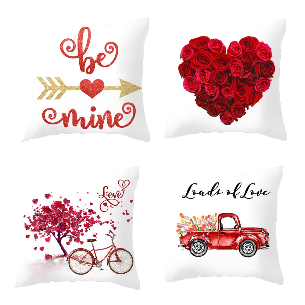 Likense 18x18 Inch Set of 4 Valentine's Day Pillow Covers - Truck, Flower, Red Heart & Love Bicycle Design Decorative Throw Pillow Cases for Couch, Bedroom & Home Decor