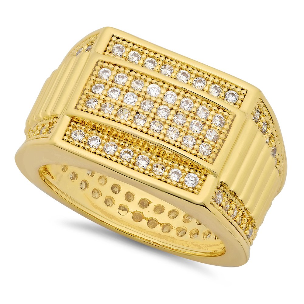 14K Gold Plated Hip Hop Iced Out CZ Stacked Bling Ring for Men & Women - 14.5mm Wide Luxury Jewelry for Parties, Concerts & Special Occasions