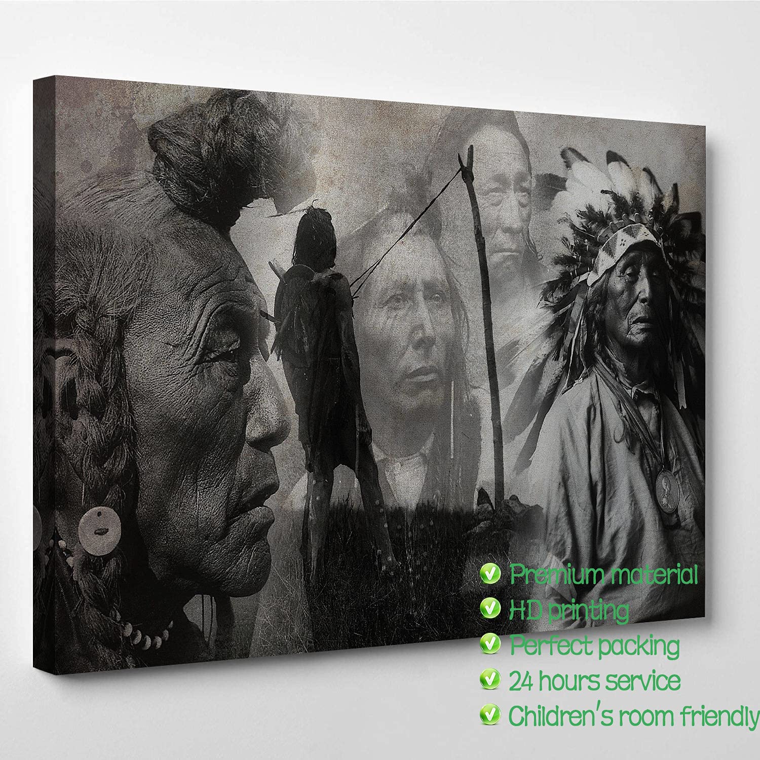 Native American Decor - Black and White Indian Portrait Canvas Art Print | 16x24 Inch Framed Wall Art | Easy to Hang Living Room Decor | Perfect for Home, Office & Western Theme Interior Design