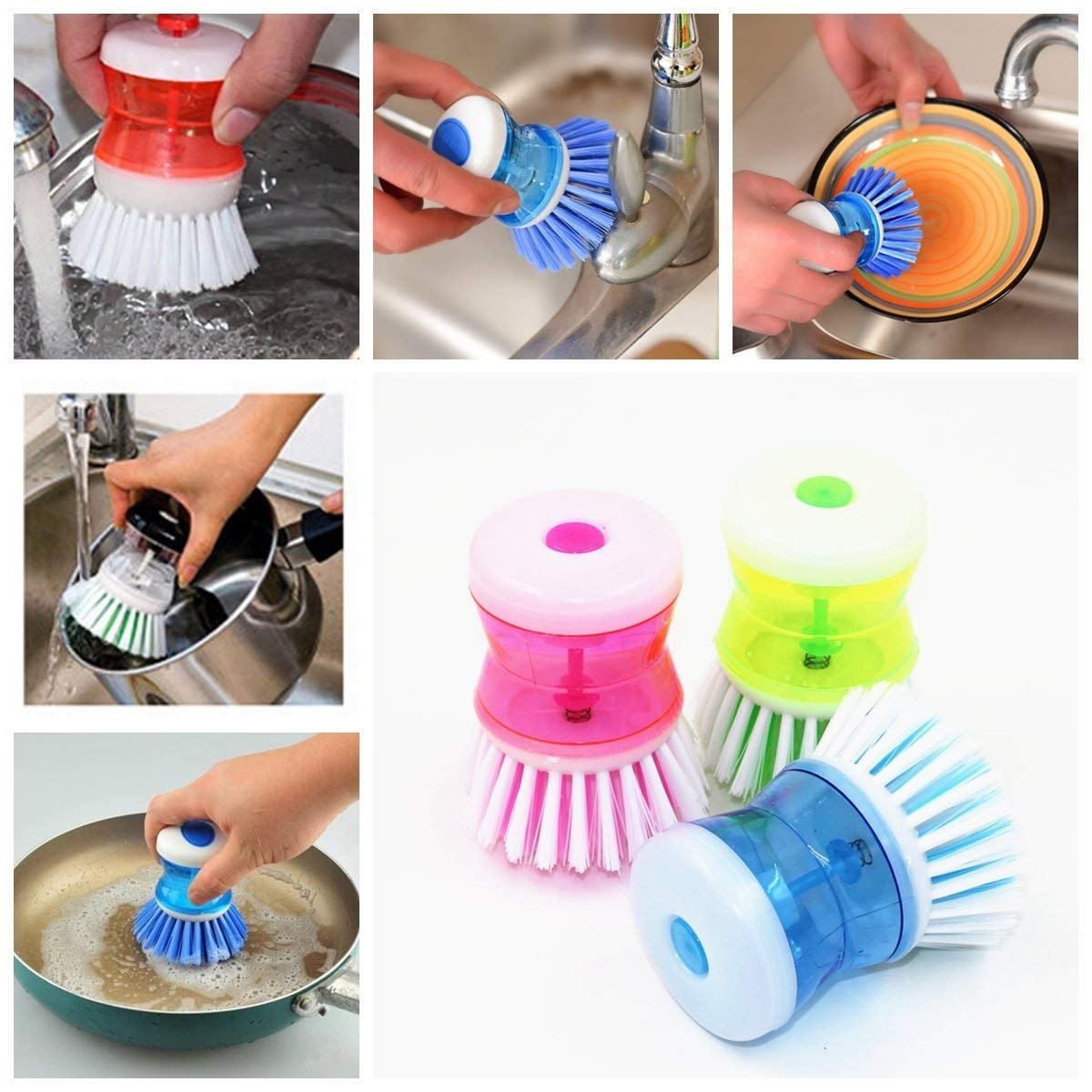 ServEzee Dish Cleaning Brush with Soap Dispenser - 4 Pack Kitchen Scrub Brushes for Pots, Pans & Utensils - Heavy Duty Plastic Dishwashing Brush for Sinks, Countertops & Household Cleaning