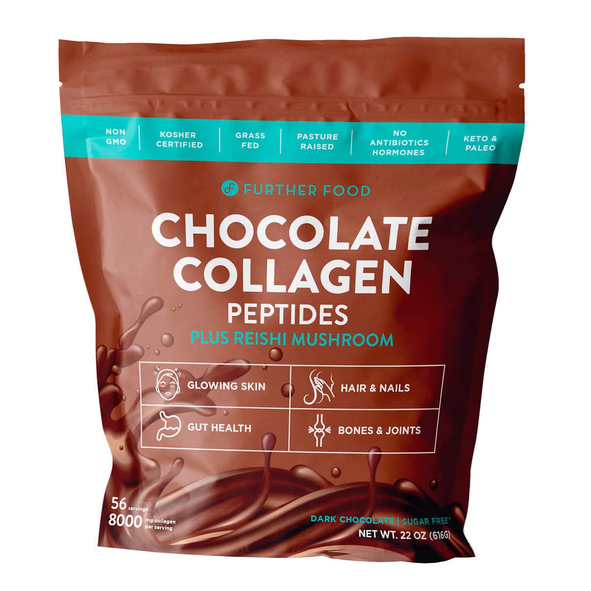 Further Food Chocolate Collagen Peptides Protein Powder with Reishi Mushroom - Supports Skin, Hair & Joint Health - Perfect for Smoothies, Coffee & Baking