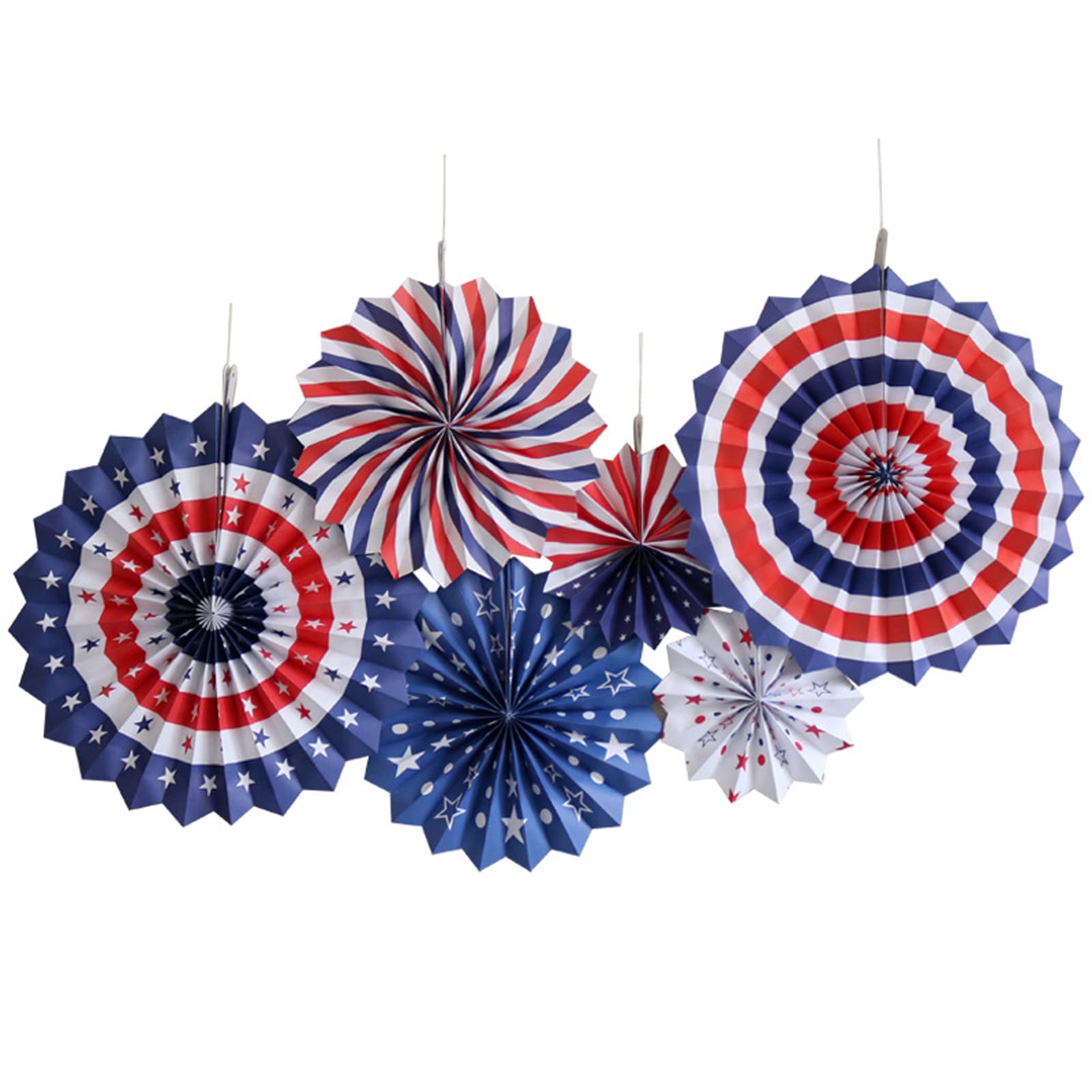 6 Pack Hanging Paper Fans Party Decorations - Gold & Red Round Pattern Garland for Birthday, Baby Shower, Graduation, Retirement - Perfect for Indoor/Outdoor Events & Patriotic Celebrations (American Flag Design)