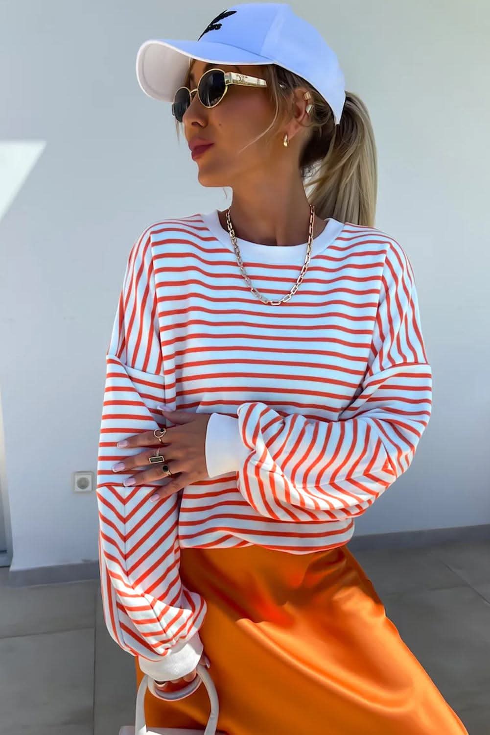 Stylish Orange Striped Oversized Sweatshirt for Women - Cozy & Trendy Pullover for Casual Wear, Loungewear & Street Style Fashion