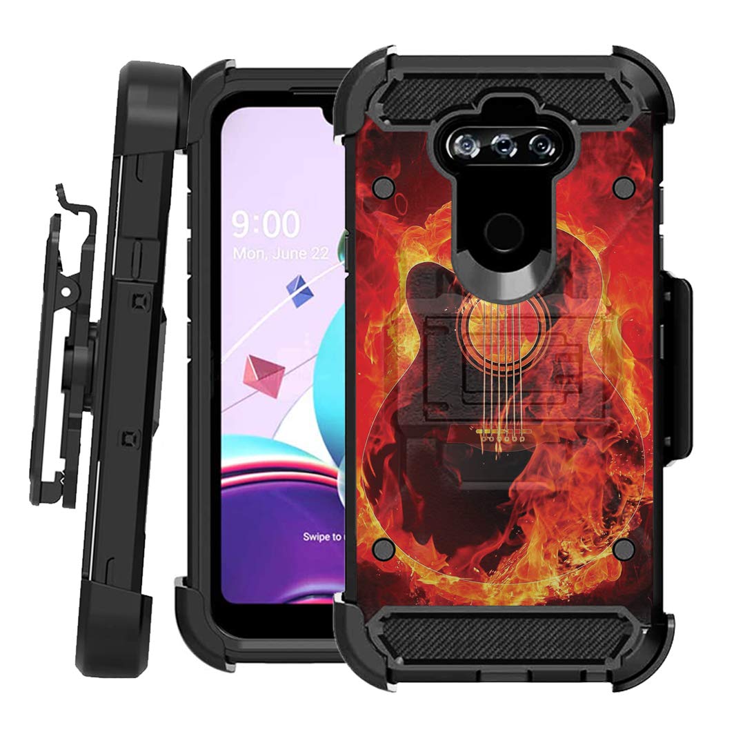 Ohiya Rugged Case for LG K31 - Heavy Duty Kickstand Cover with Belt Clip (Fire Flames Guitar) for Outdoor Protection