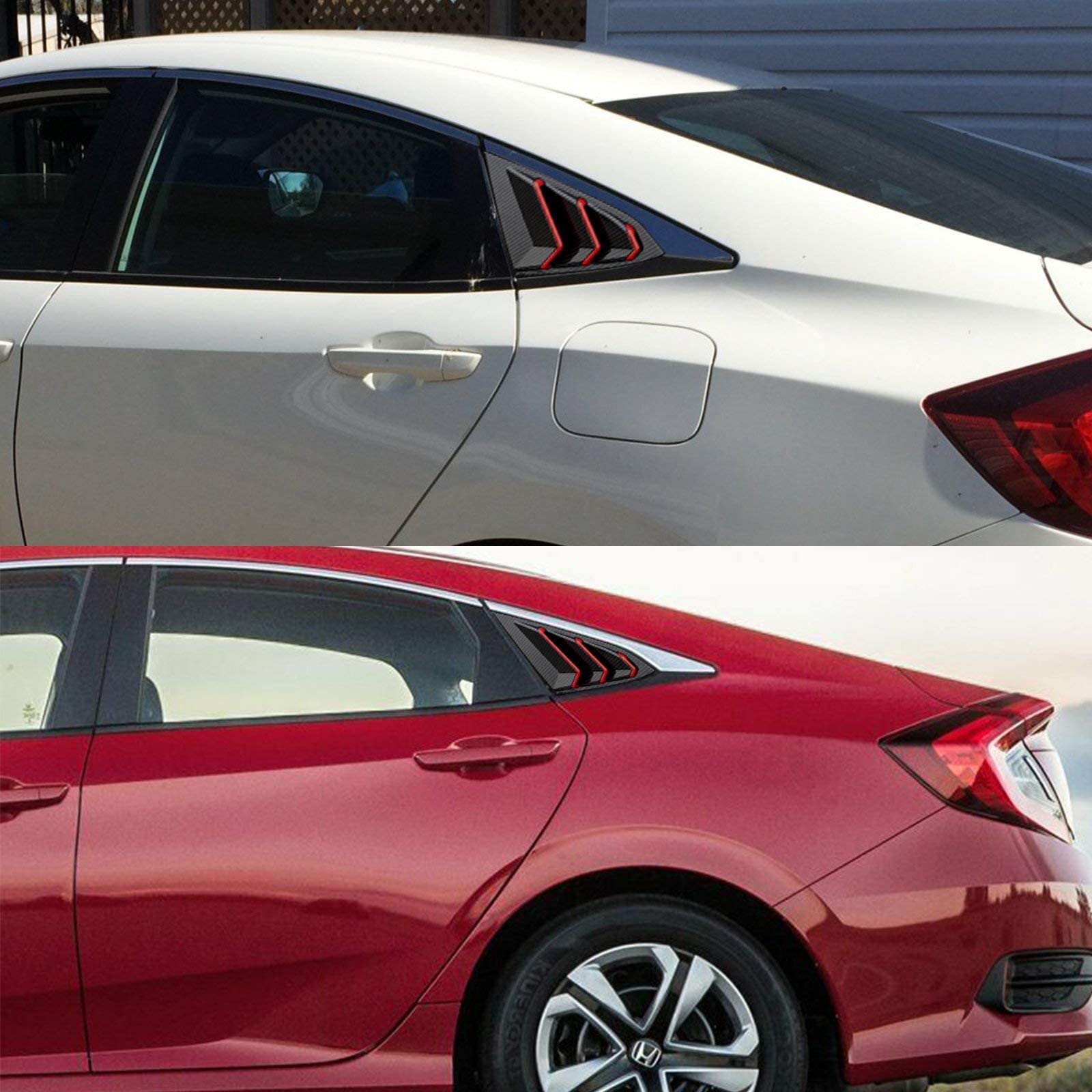 Xotic Tech Rear Side Window Louver Cover Trim - Carbon Fiber Pattern with Red Accent - Compatible with 2016-2021 Honda Civic 10th Gen Sedan - Enhances Style & Airflow - Perfect for Car Enthusiasts & Custom Builds