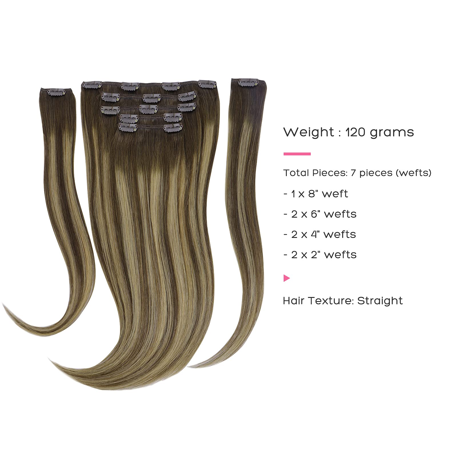 Marat Clip in Human Hair Extensions 18 Inch 120g - Balayage Chocolate Brown to Caramel Blonde Straight Hair Weft for Women | Perfect for Parties, Weddings & Daily Styling