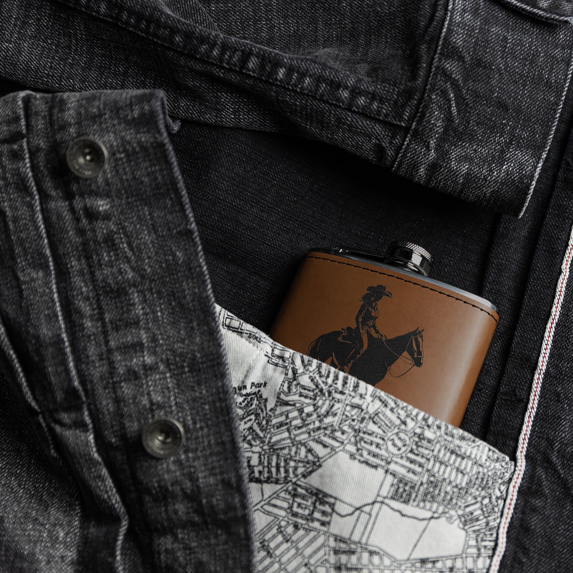 Premium Leather Bound Metal Flask with Cowgirl on Horse Design - Perfect for Outdoor Adventures, Camping, and Western Themed Parties