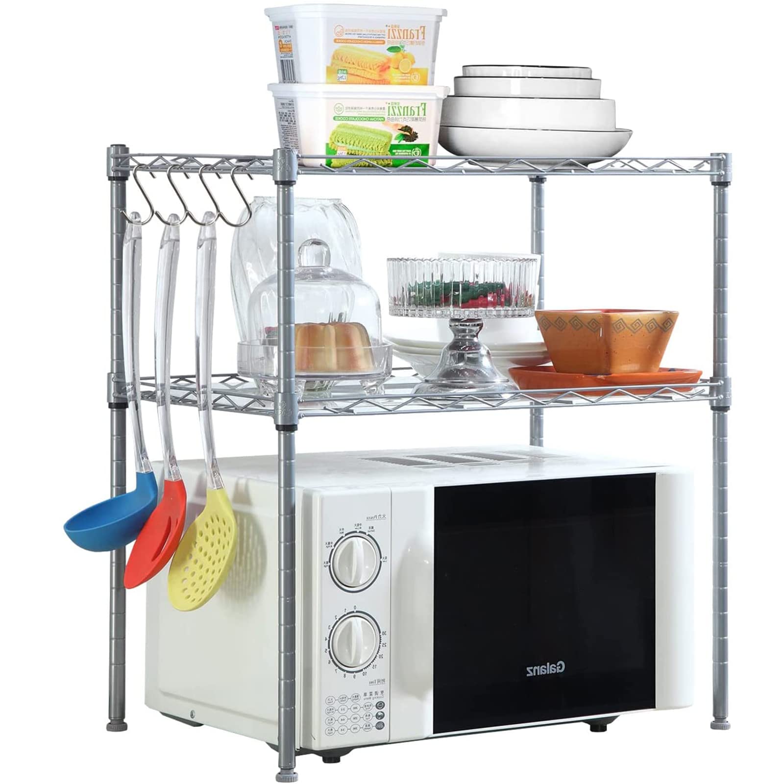 3-Tier Stainless Steel Microwave Shelf with 4 Hooks - 21