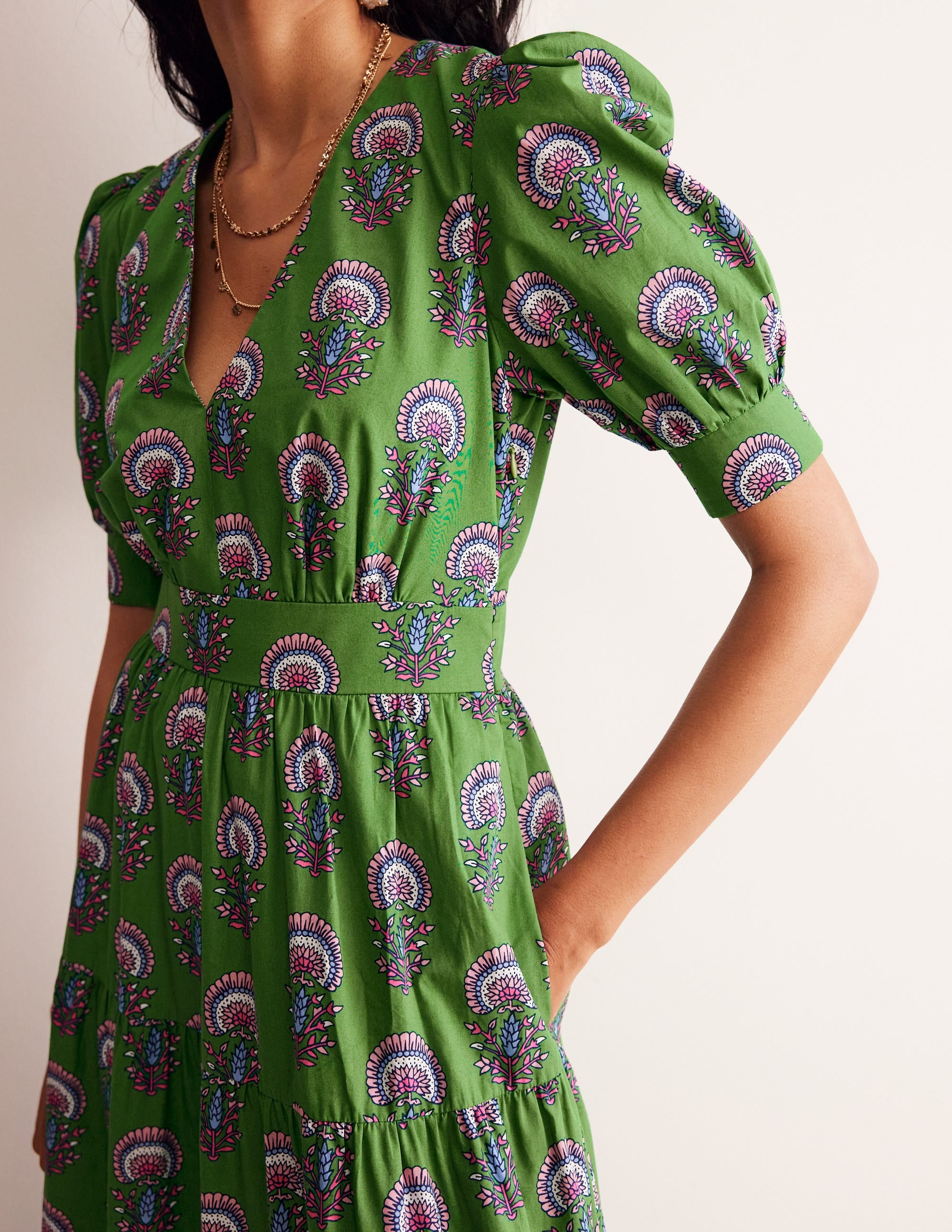 Bella Women's Puff Sleeve Maxi Dress in Green Tambourine Floral Print - Elegant Long Summer Dress for Beach Vacation, Wedding Guest, Date Night & Special Occasions