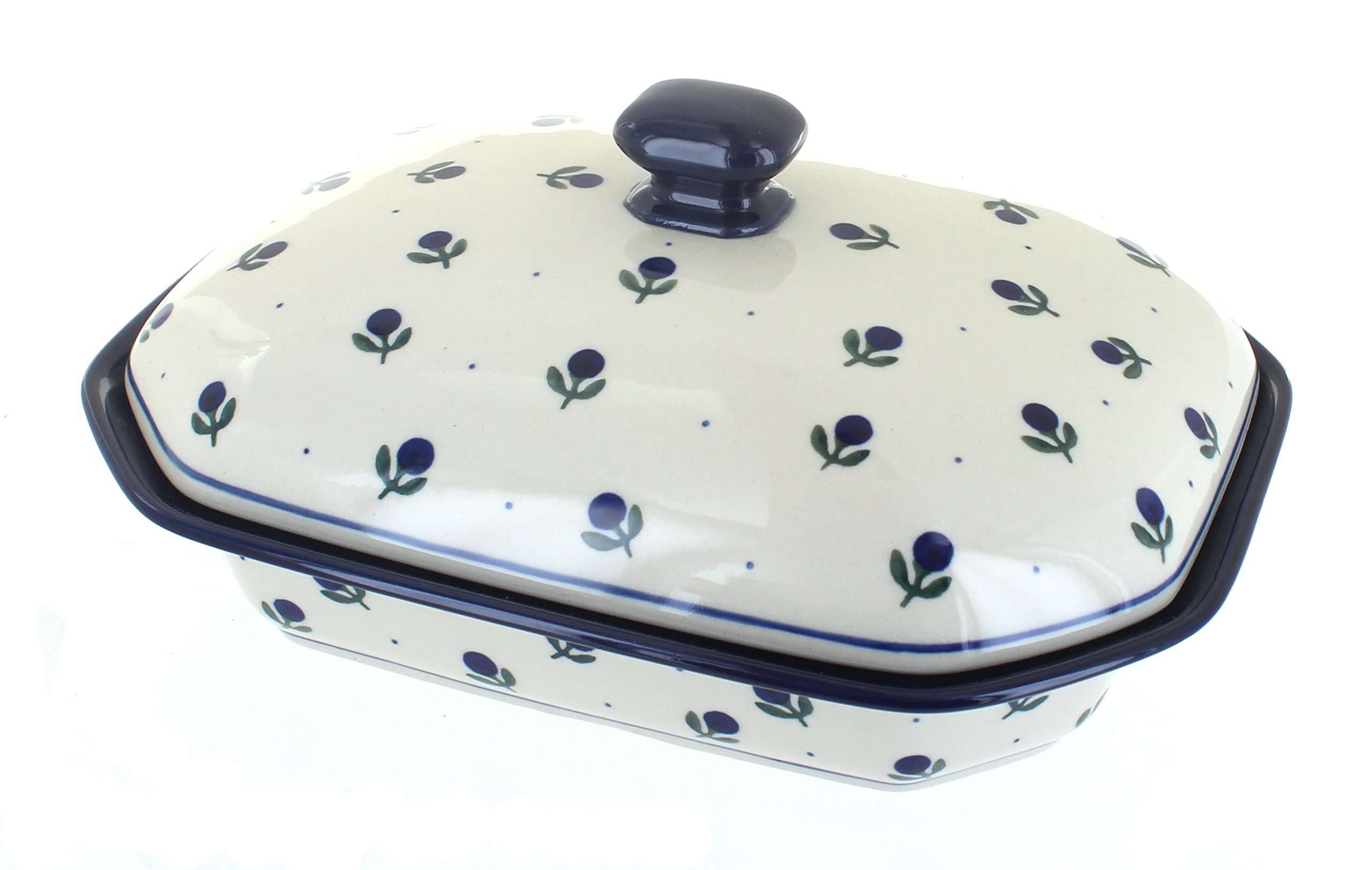 Blue Rose Polish Pottery Blueberry Medium Covered Baker - Handmade Ceramic Baking Dish for Casseroles, Pies & Desserts - Perfect for Oven, Microwave & Dishwasher Safe
