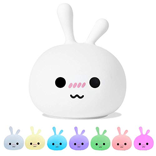 Cute Bunny Night Light for Kids - Soft Silicone LED Rechargeable Nursery Lamp with 7 Color Changing Modes & Touch Sensor Control | Perfect Baby Gift for Bedroom, Nursery, or Kids Room (Big Eyes Design)