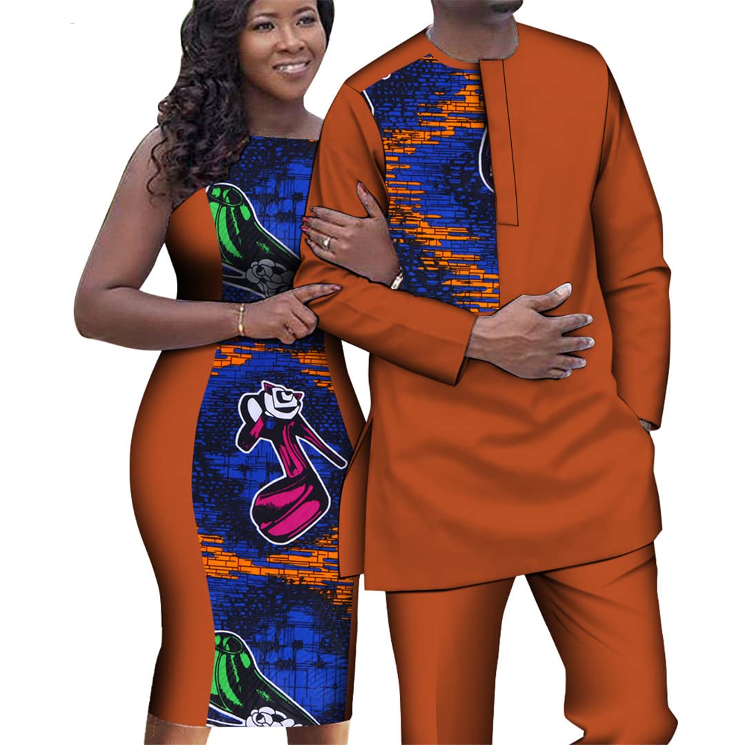 African Couple Outfits - Women's Sleeveless Slim Fit Dresses & Men's Dashiki Shirt & Pants Set - 14 Sizes - Perfect for Weddings, Anniversaries & Cultural Celebrations