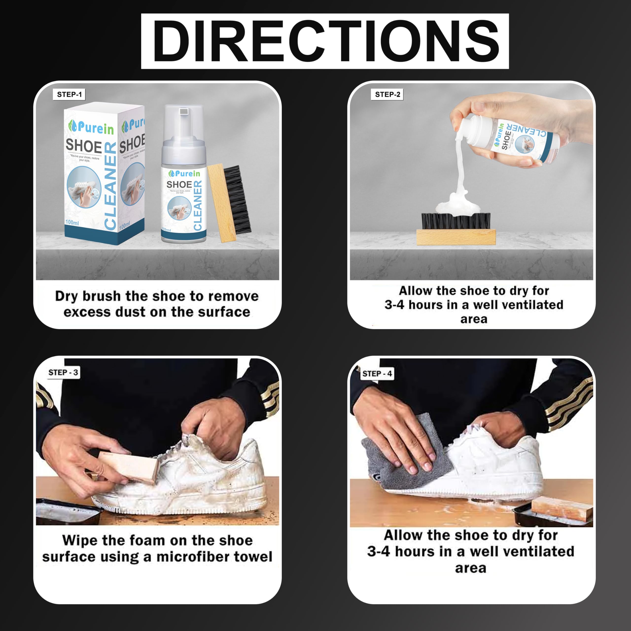 Purein Sneaker Cleaner Kit - 150ml with Brush | Fast-Acting for All Shoes | Yellow Edge Remover | Perfect for Gym & Daily Wear