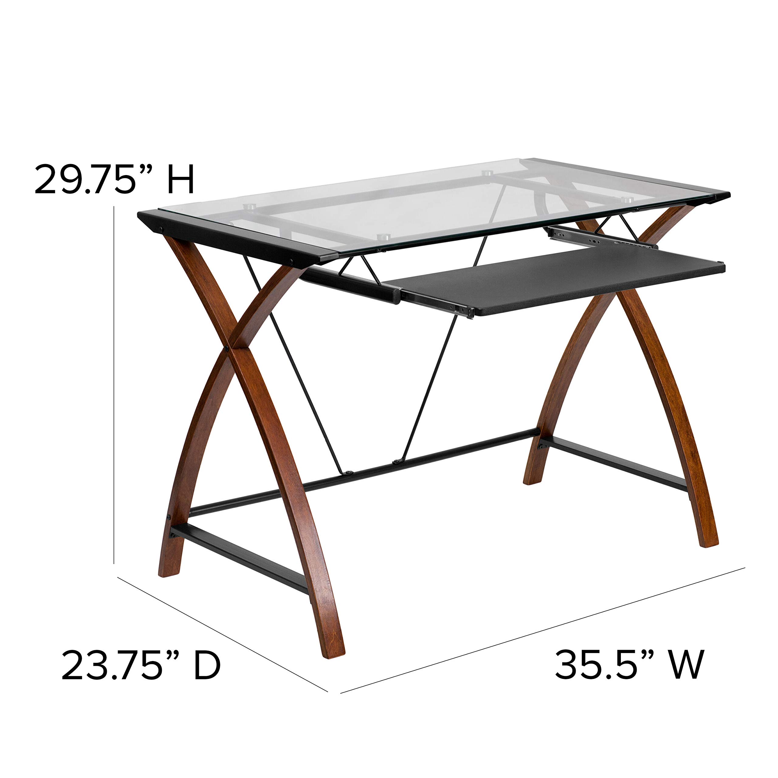 Flash Furniture Jude Tempered Glass Computer Desk with Pull-Out Keyboard Tray & Sturdy Crisscross Frame - Compact Home Office Desk in Cherry/Clear Finish - Perfect for Small Spaces, Gaming & Remote Work