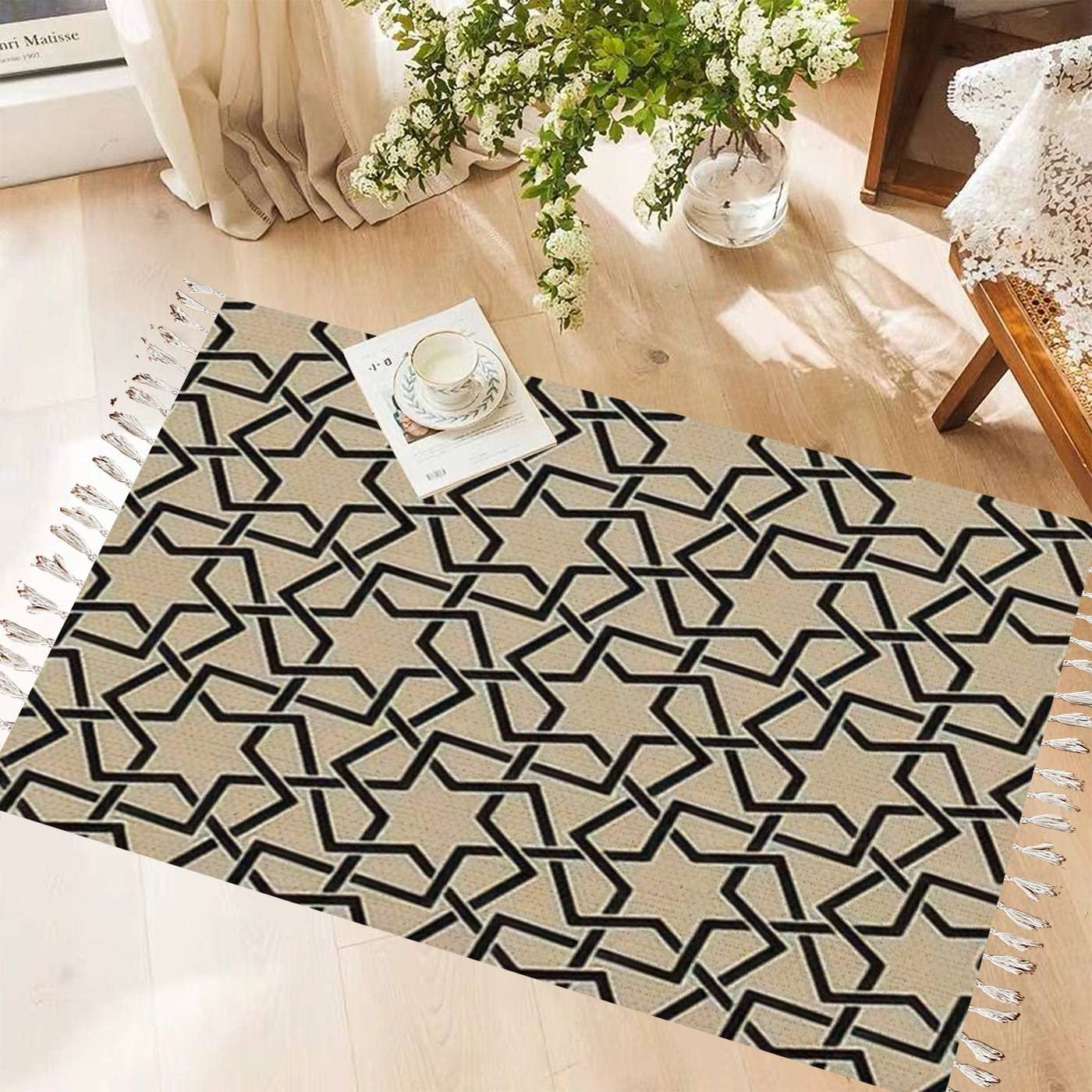 Vintage Cotton Linen Moroccan Boho Rug with Tassels - Washable Woven Area Carpet for Kitchen, Bathroom, Living Room & Outdoor Decor | Seamless Retro Runner Mat for Boho Chic Home Style