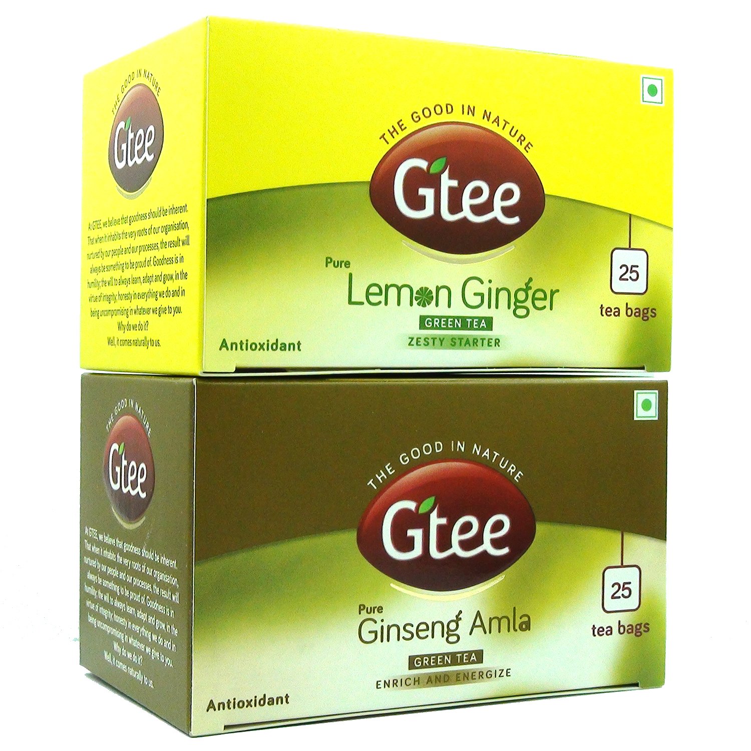 Organic GTEE Green Tea Bags with Lemon, Ginger & Ginseng - 50 Count (2 Packs of 25) - Herbal Detox Tea for Weight Loss, Digestion & Immunity Boost - Perfect for Morning Energy or Evening Relaxation