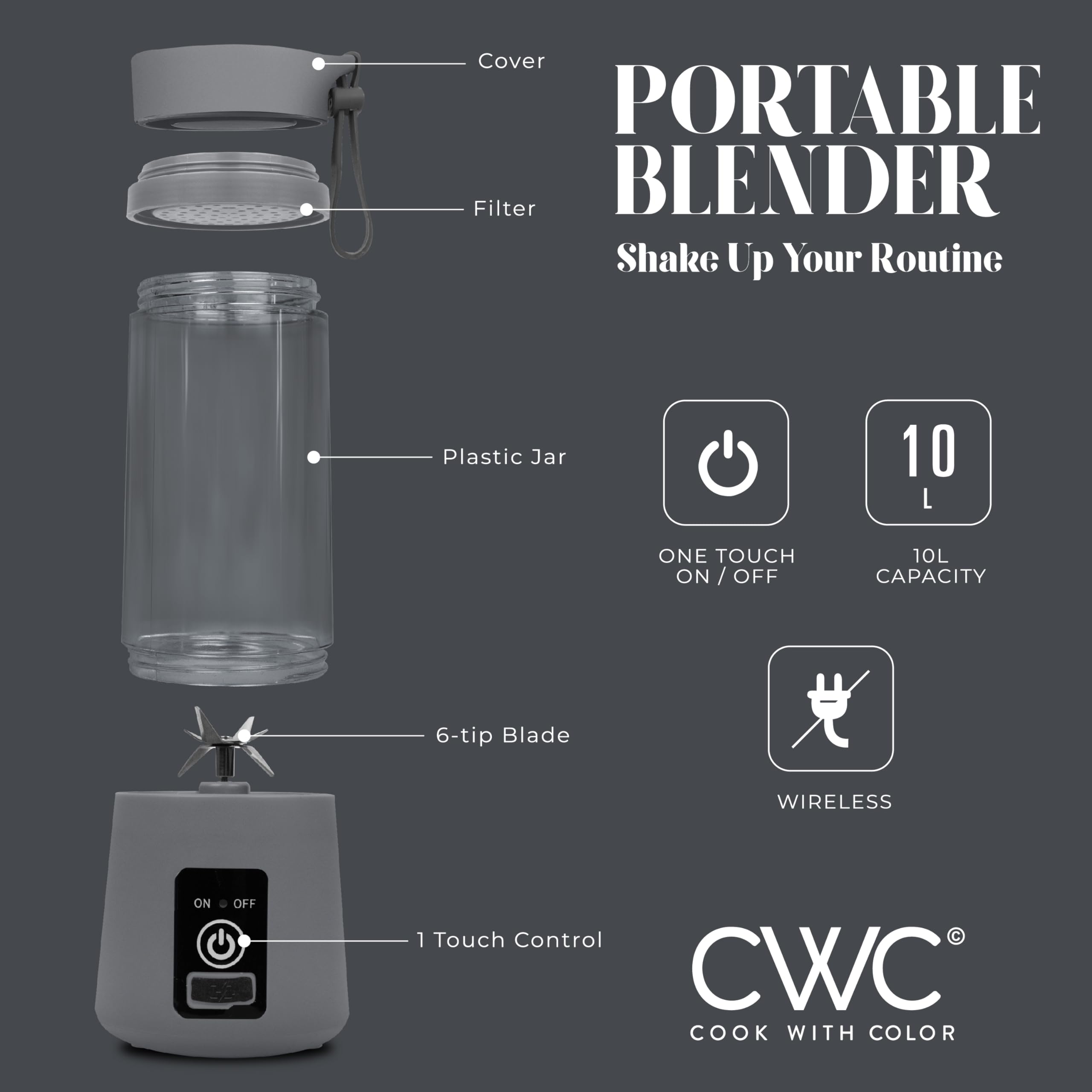 COOK WITH COLOR Mini Portable Blender - 250W Powerful Personal Smoothie Maker, 12oz Travel-Friendly Capacity, Stainless Steel Blade for Crushing Ice, Wireless/USB Rechargeable for Gym & Office, Grey - Perfect for Smoothies, Protein Shakes & Baby Food On-The-Go