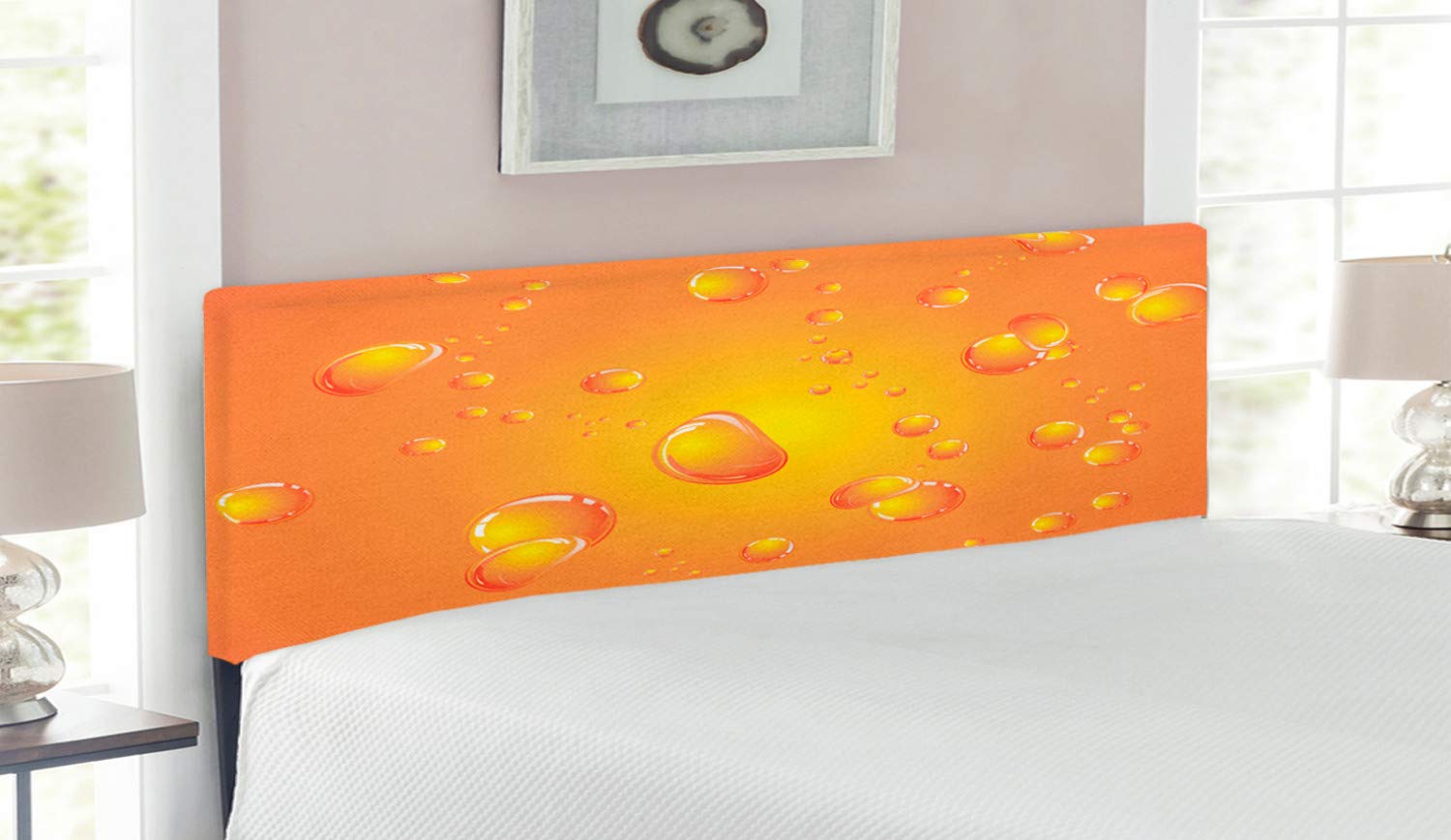 Lunarable Burnt Orange Upholstered Queen Size Headboard - Glossy Bubbles Design with Memory Foam, Decorative Metal Bed Frame for Modern Bedrooms | Vibrant Graphic Print Home Decor