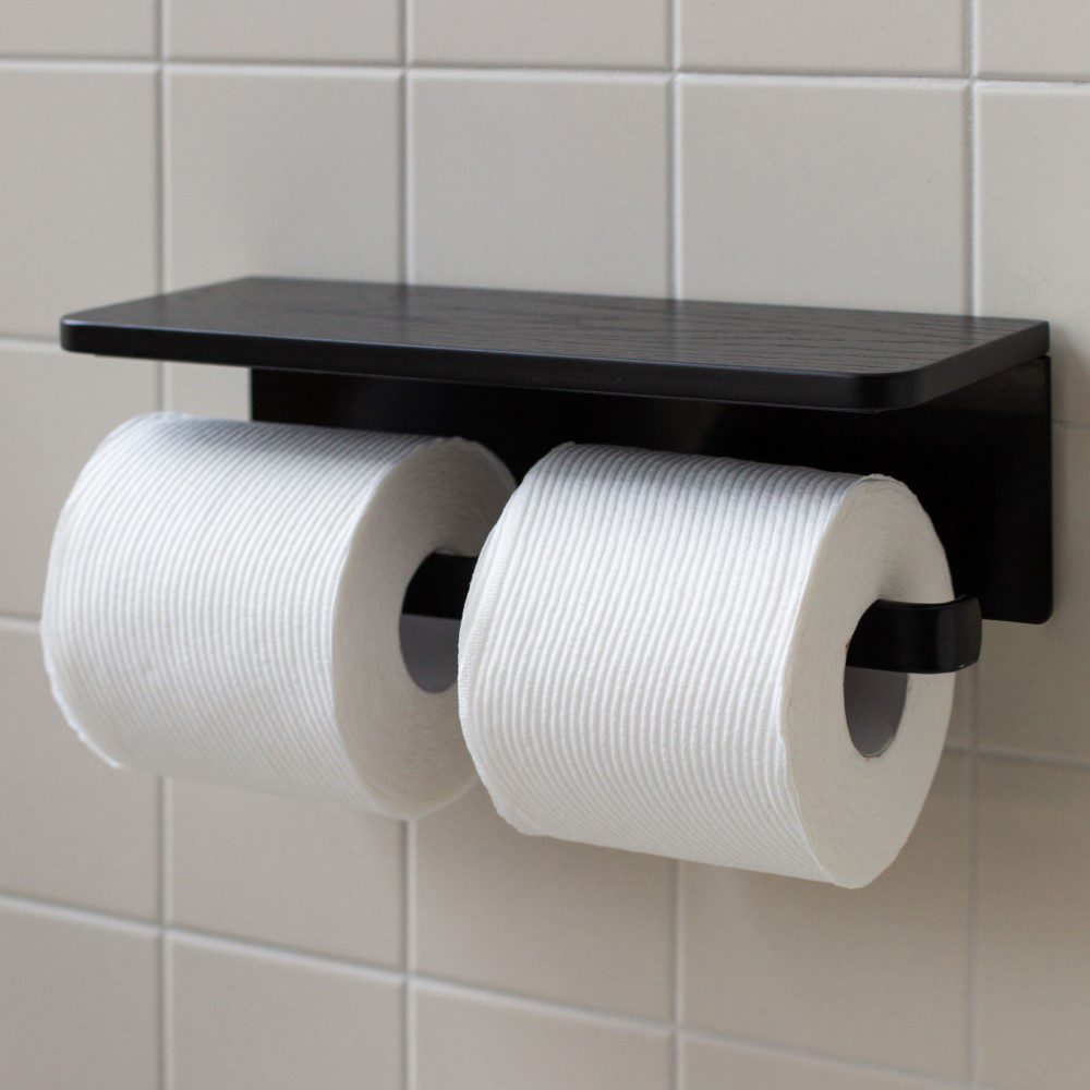 DESIGNSTUFF Black Dual Toilet Paper Holder with Shelf - Space Saving Bathroom Organizer for Modern Homes