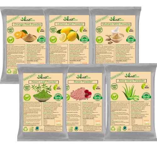 Herboness Organic Lemon Peel, Orange Peel, Neem Leaf & Aloe Vera Powder for Face & Skin Care (50g) - Natural Brightening, Acne Treatment & Glow Booster for DIY Masks & Scrubs