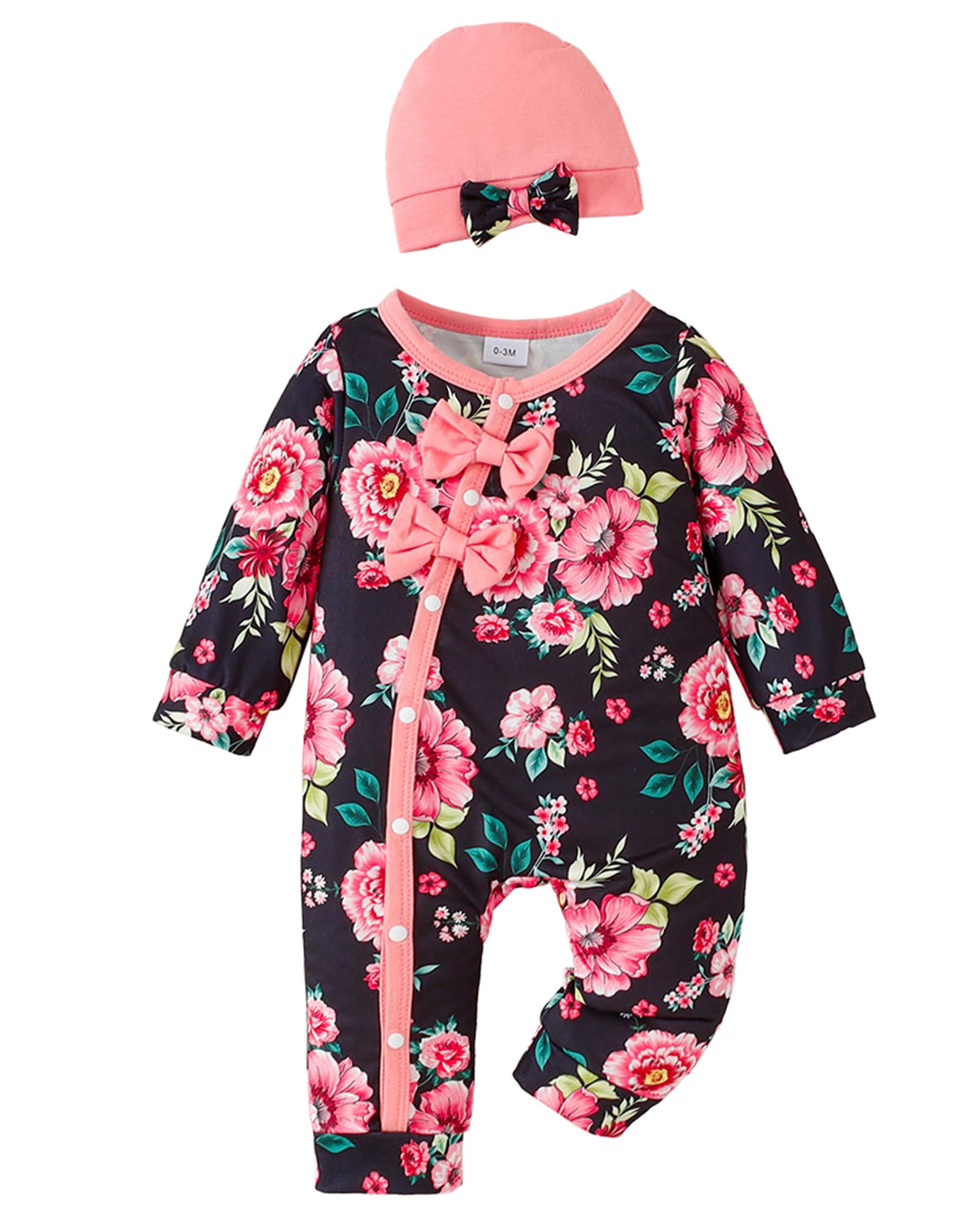 Mioglrie Newborn Baby Girl Clothes - Soft Long Sleeve Romper Jumpsuit with Floral Hat for Infants | Fall Winter Outfits for Preemie Girls | Perfect for Photoshoots, Family Gatherings & Daily Wear