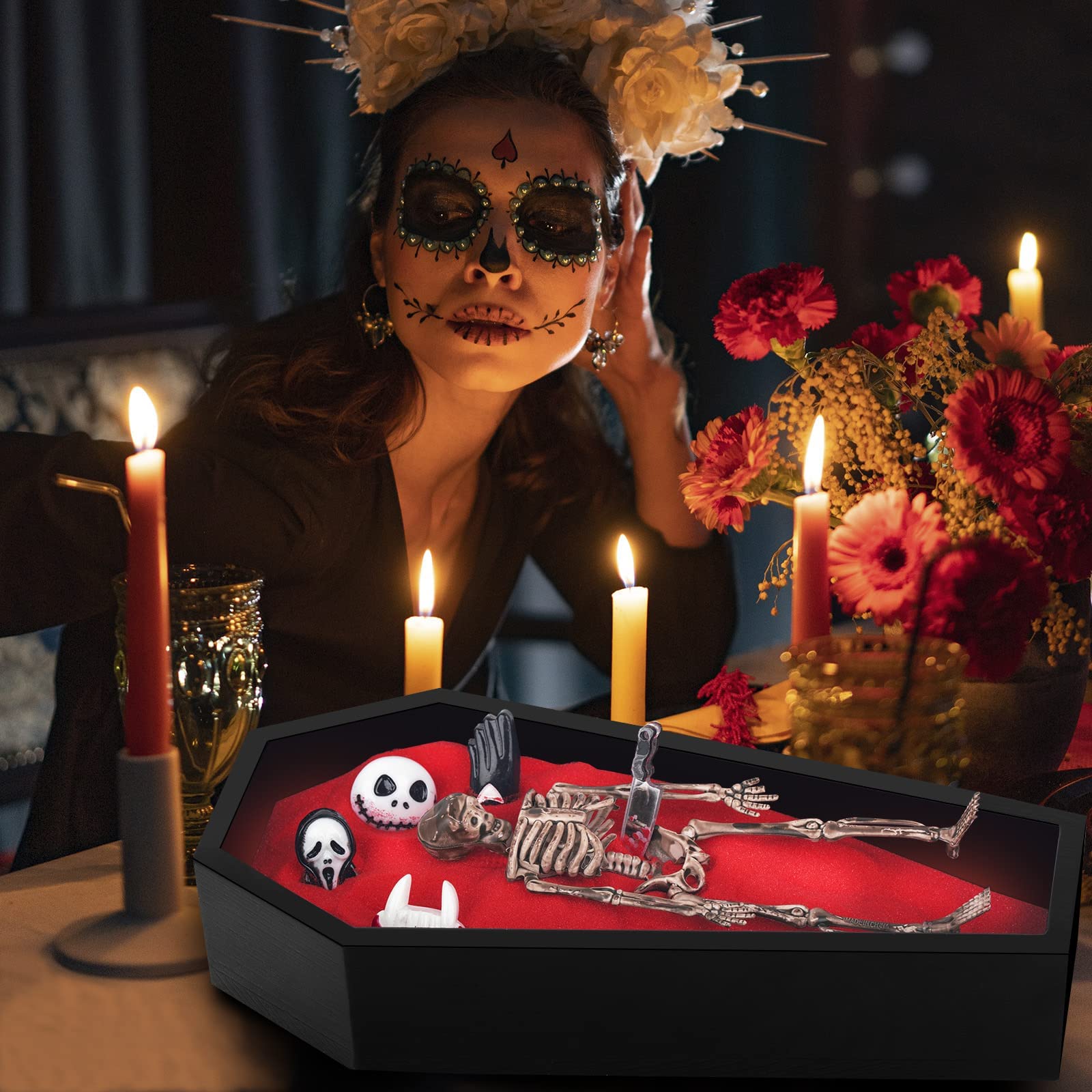 LUCHINM Coffin Zen Garden Kit for Desk - 9.2×4.5 Inch Mini Sandbox with 6 Accessories & 3 Rakes - Gothic Office Decor, Halloween Desk Accessory - Perfect for Stress Relief, Meditation & Spooky Home Décor
