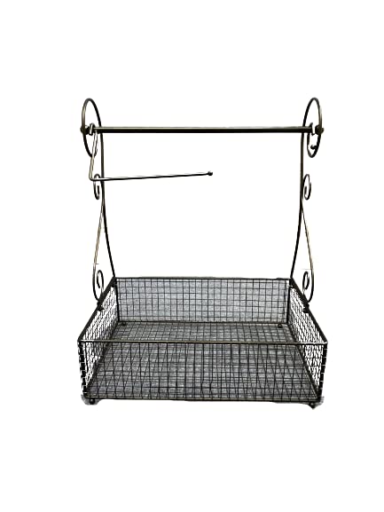 SkyMall 17.5 Inch Metal Paper Towel Holder with Storage Basket - Versatile Countertop Organizer for Kitchen, Bathroom, Office & Outdoor Use