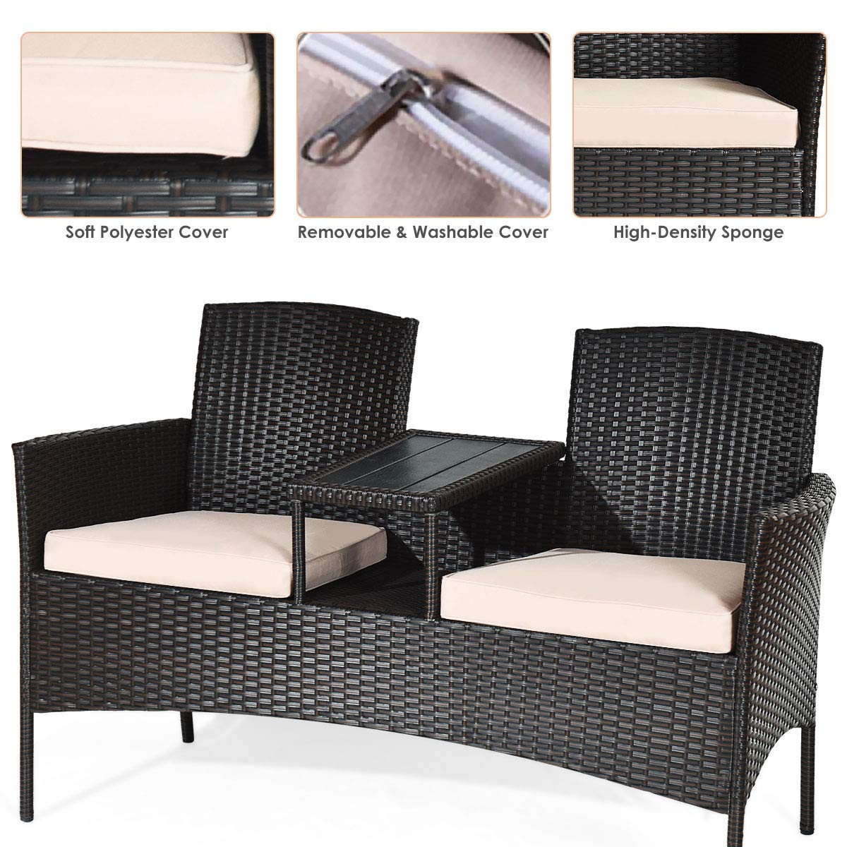 Modern Moccha Wicker Patio Conversation Set with Removable Beige Cushions & Coffee Table - Outdoor Rattan Loveseat Sofa Set for Garden, Lawn, Backyard - Durable Plastic Table Top - Perfect for Relaxing, Entertaining & Outdoor Dining