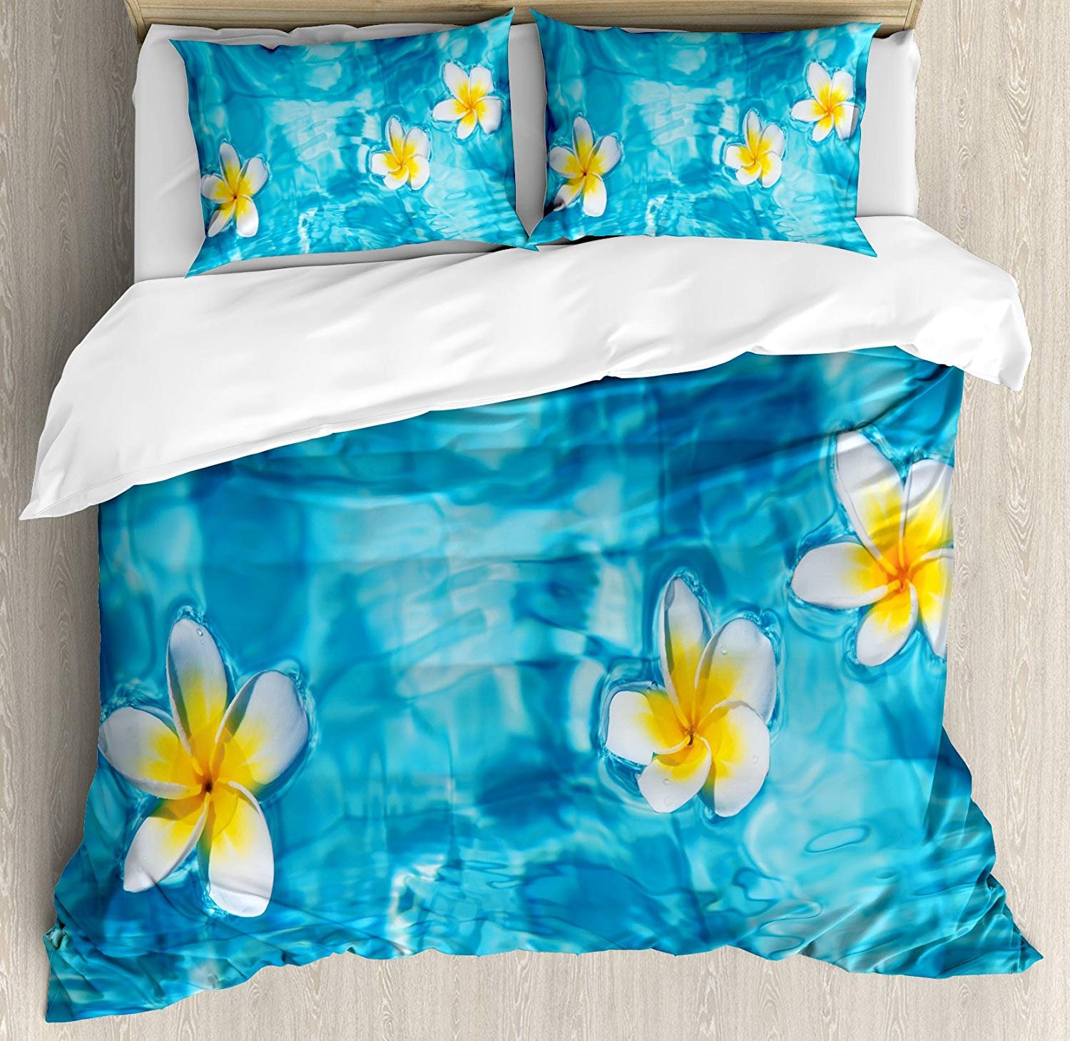 Hawaiian Duvet Cover Set - Tropical Frangipani Flower Design, Eco-Friendly Bedding for Kids, Teens & Adults | Perfect for Summer Bedrooms, Beach House Decor & Tropical-Themed Rooms (4-Piece Set)