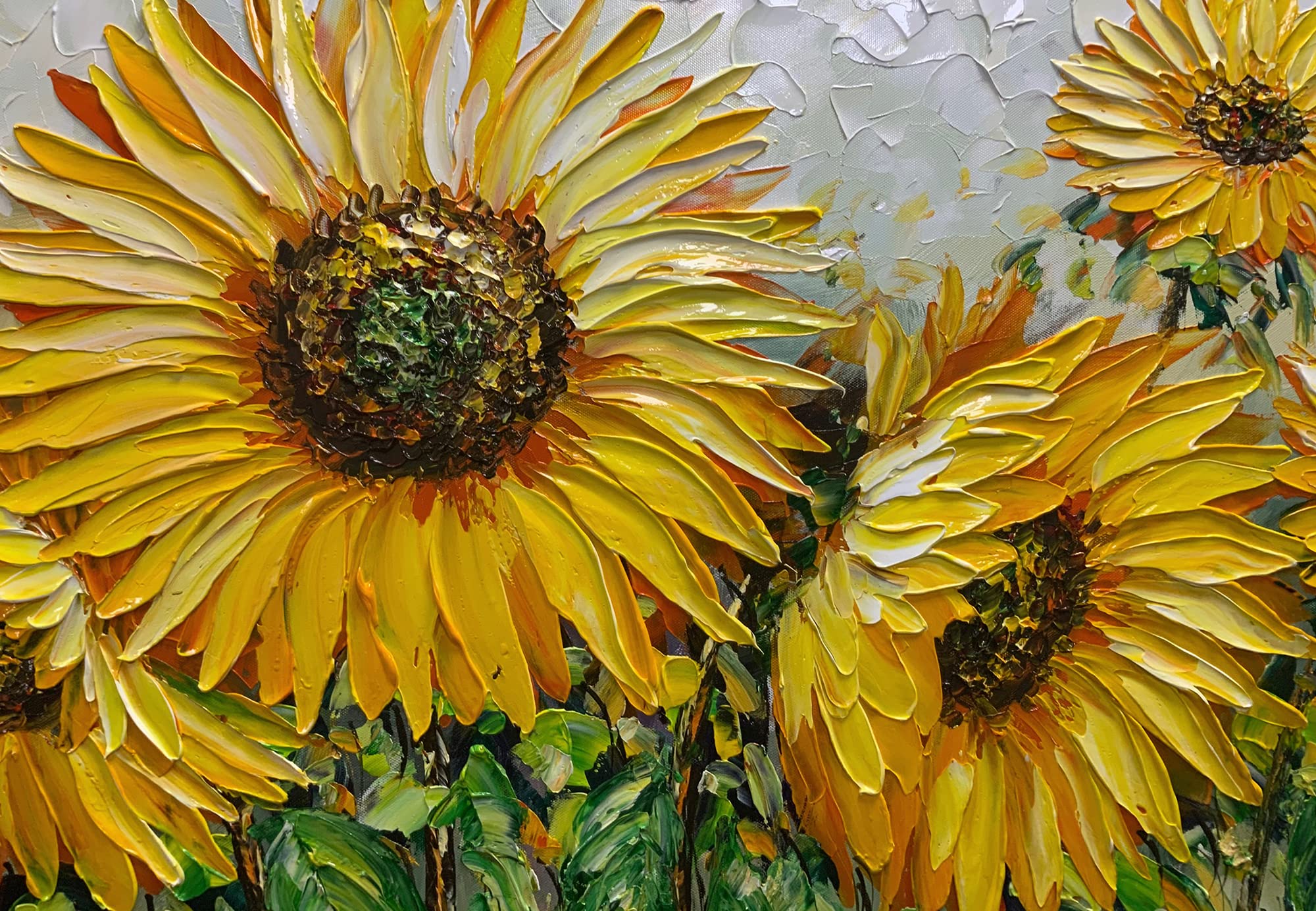 AZAVY ART 24x48 Inch Hand Painted Sunflower Oil Painting - Textured Abstract Floral Canvas Wall Art, Stretched & Framed Ready to Hang - Perfect for Living Room, Bedroom, or Office Decor
