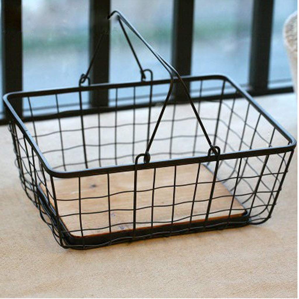 RENSLAT Metal Iron Storage Basket with Wood Handles - Nordic Elegant Double Handle Organizer for Home, Office, Kitchen & Bathroom - Perfect for Sundries, Food, Desk Storage & Decor (Color: A)