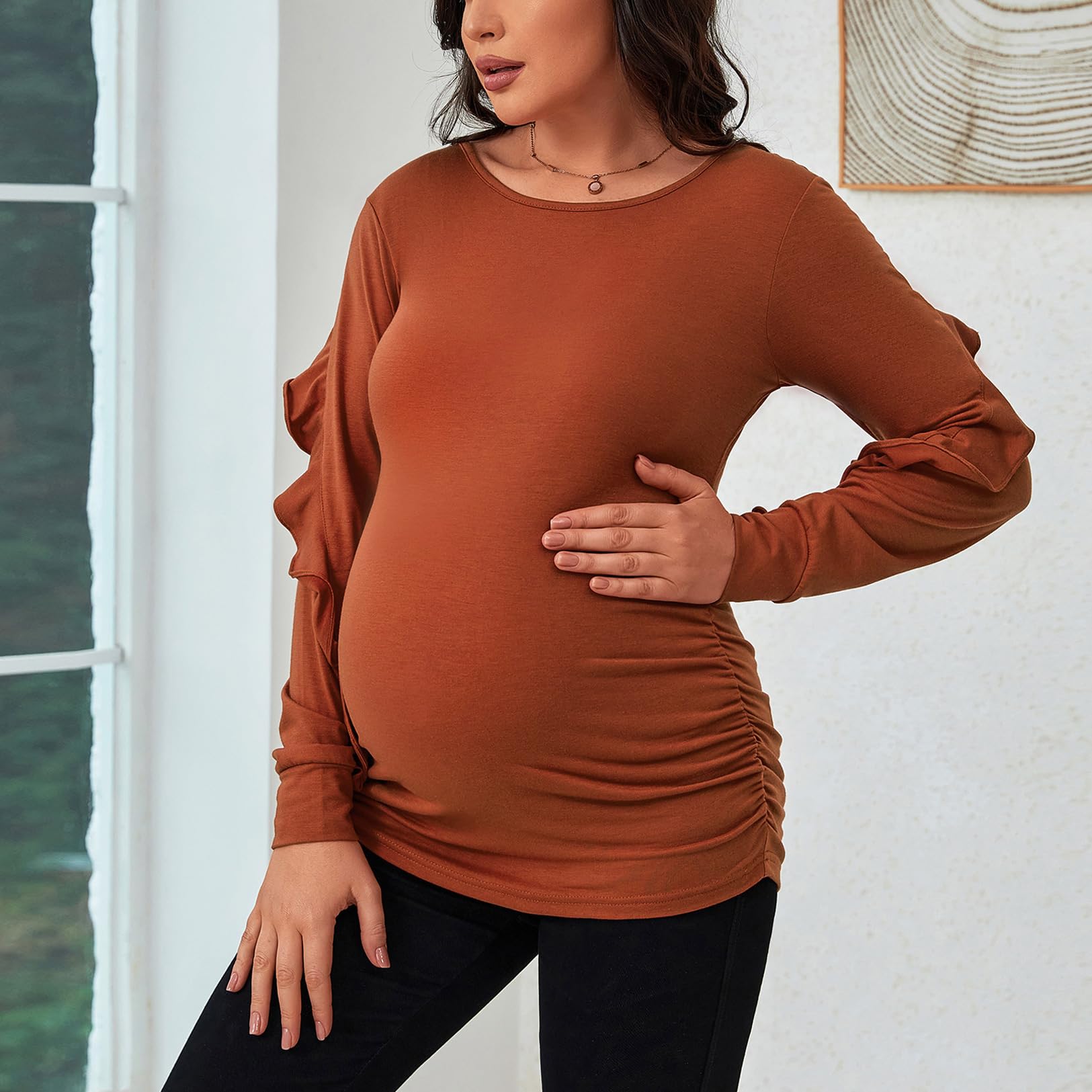 GINKANA Maternity Tops - Cute Ruffle Long Sleeve Pregnancy Shirts for Women | Comfortable Nursing Blouse for Baby Shower & Everyday Wear