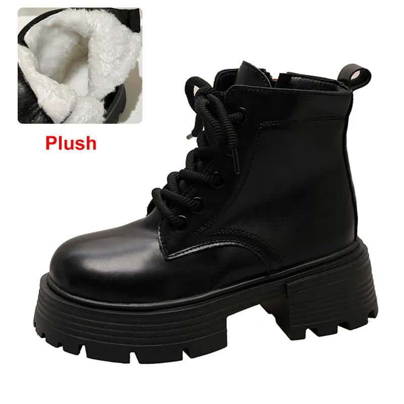 Women's Plush Warm Ankle Boots - Punk Chunky Platform Shoes with Non-Slip Thick Sole | Winter & Autumn Fashion Footwear for Motorcycle Riding & Casual Outfits