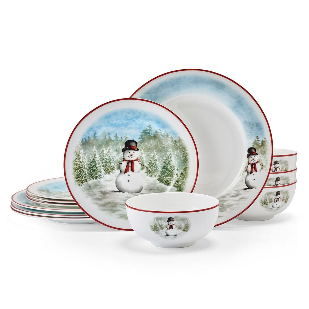 Snowman Enchantment 12-Piece Dinnerware Set - Service for 4 People - Holiday Tableware for Christmas Dinner, Winter Parties & Festive Gatherings