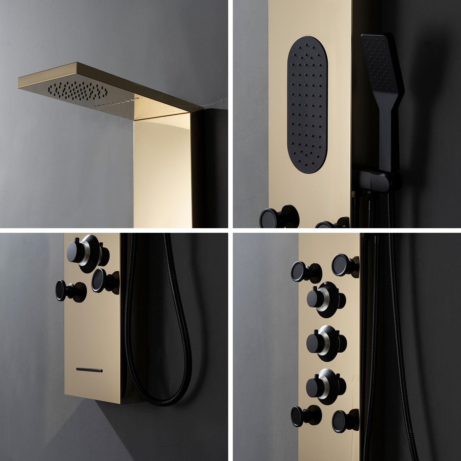 Gold Shower Tower System - Large Area Body Jet Massage Panel with Adjustable Jets, Temperature Display, Hand Shower & Tub Spout - Polished Gold Finish for Luxurious Bathroom Spa Experience (Ideal for Master Bath, Hotel Suites & Relaxation Therapy)