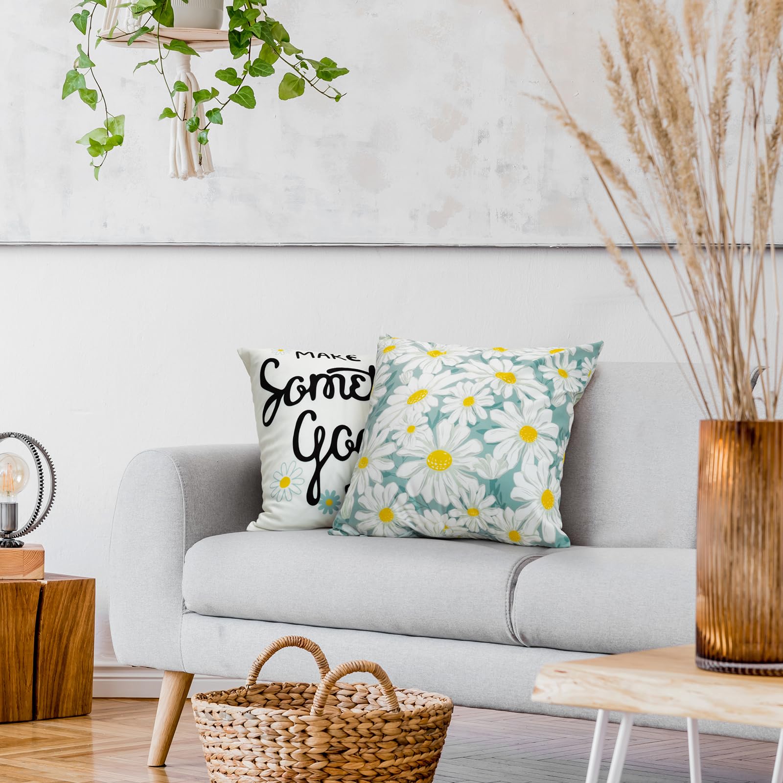 Farmhouse Decorative Throw Pillow Covers 18x18 Inch - Ultra Soft Pillow Cases Set of 4 for Sofa, Couch & Living Room - Blue and Beige Bohemian Style Accent Pillows - Perfect for Home Decor, Patio Furniture & Cozy Bedroom Styling