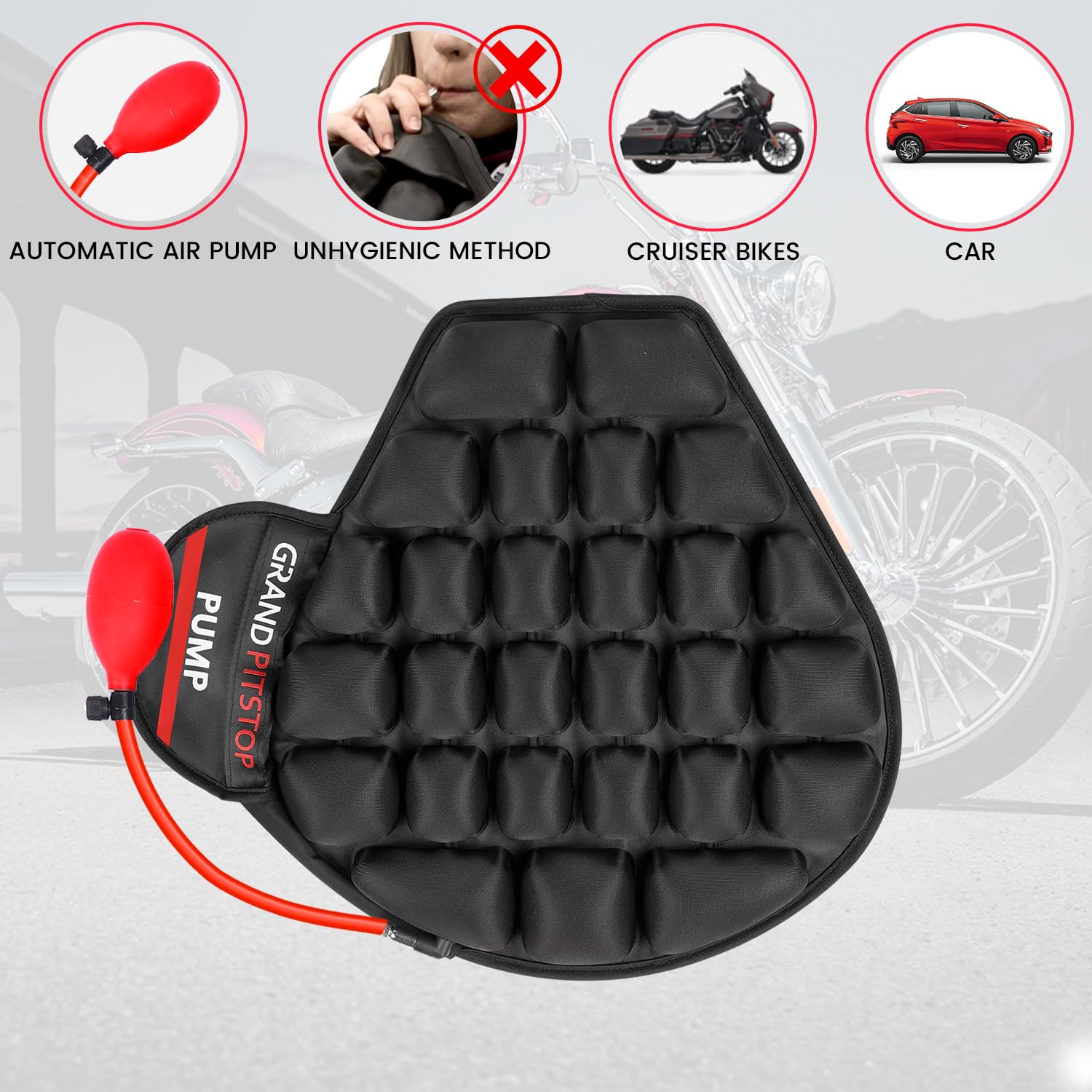 GRAND PITSTOP Motorcycle Air Seat Cushion with Pump - Inflatable Bubble Pad with Breathable Mesh Cover & Anti-Slip Base for Cruiser Bikes - Long Ride Comfort for Harley, Honda, Yamaha Motorcycles