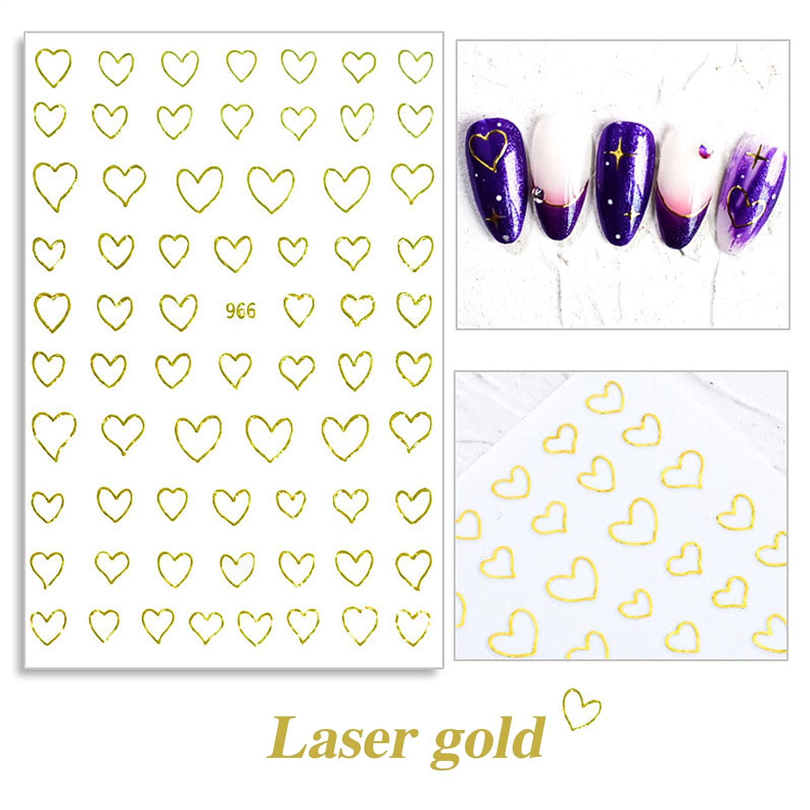 12 Sheets 3D Heart & Star Nail Art Stickers - Self-Adhesive Nail Decals for Women (Gold, Silver, Black, White) - Perfect for Valentine's Day, Prom, Parties & Nail Salon Decorations