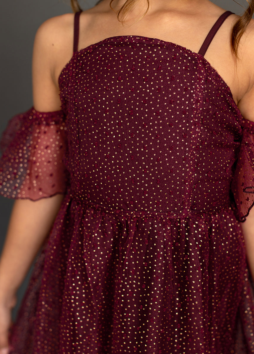 Chloe Burgundy Polka Dot Dress for Women - Elegant Floral Print Party Dress for Evening, Wedding, and Special Occasions