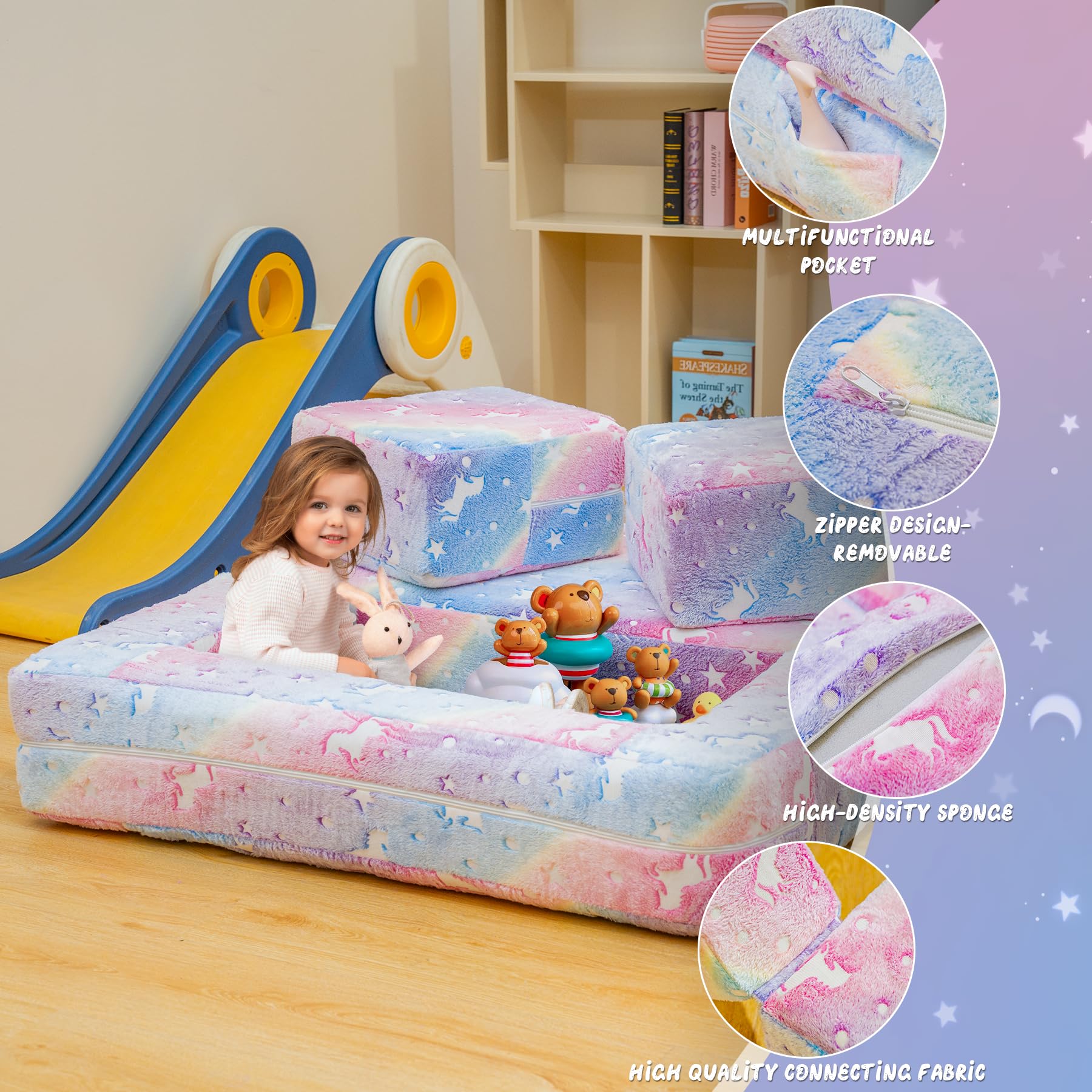 Glow in The Dark Modular Kids Play Couch - Convertible Toddler Sofa with Foldable Foam Cushions for Playroom & Bedroom | Rainbow Unicorn Design | Perfect for Indoor Playtime, Sleepovers & Reading Nooks