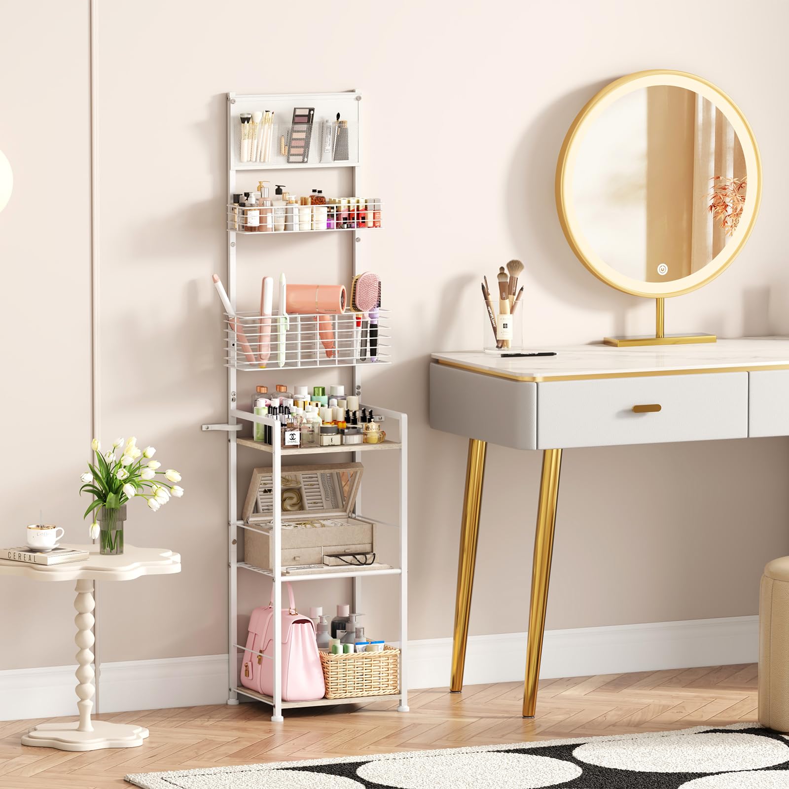 6-Tier Makeup Organizer with Storage for Cosmetics, Nail Polish & Hair Tools – Freestanding Vanity Organizer for Narrow Spaces – Perfect for Bathroom, Bedroom & Dressing Table Organization