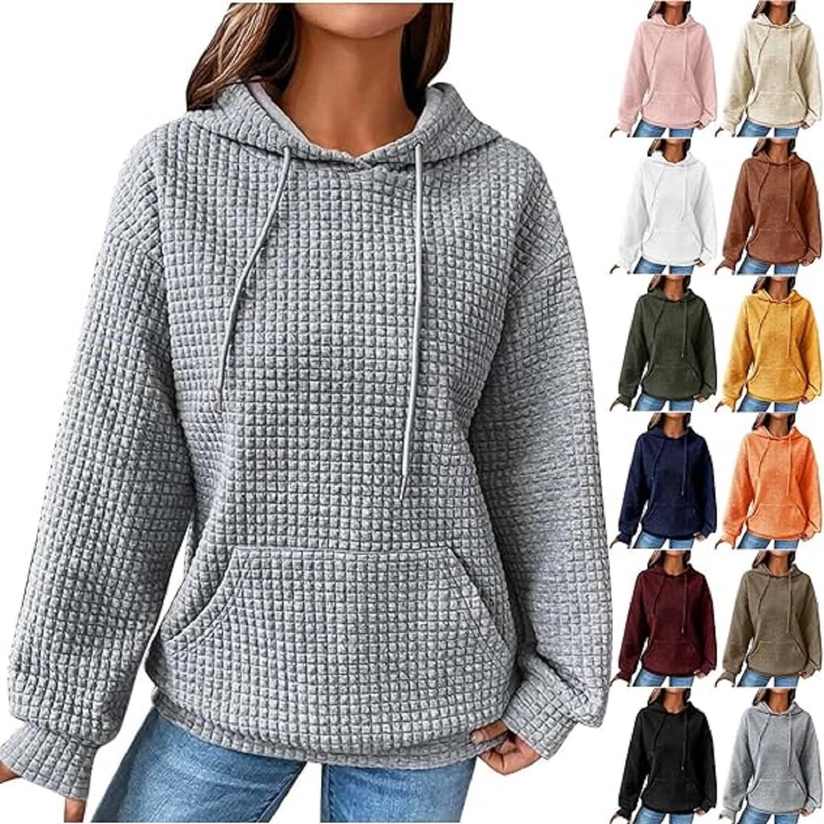Women's Cute Waffle Knit Hoodie Pullover with Drawstring - Casual Fashion Sweatshirt for Fall Outfits | Cozy Lounge Wear, Street Style, Autumn Layering
