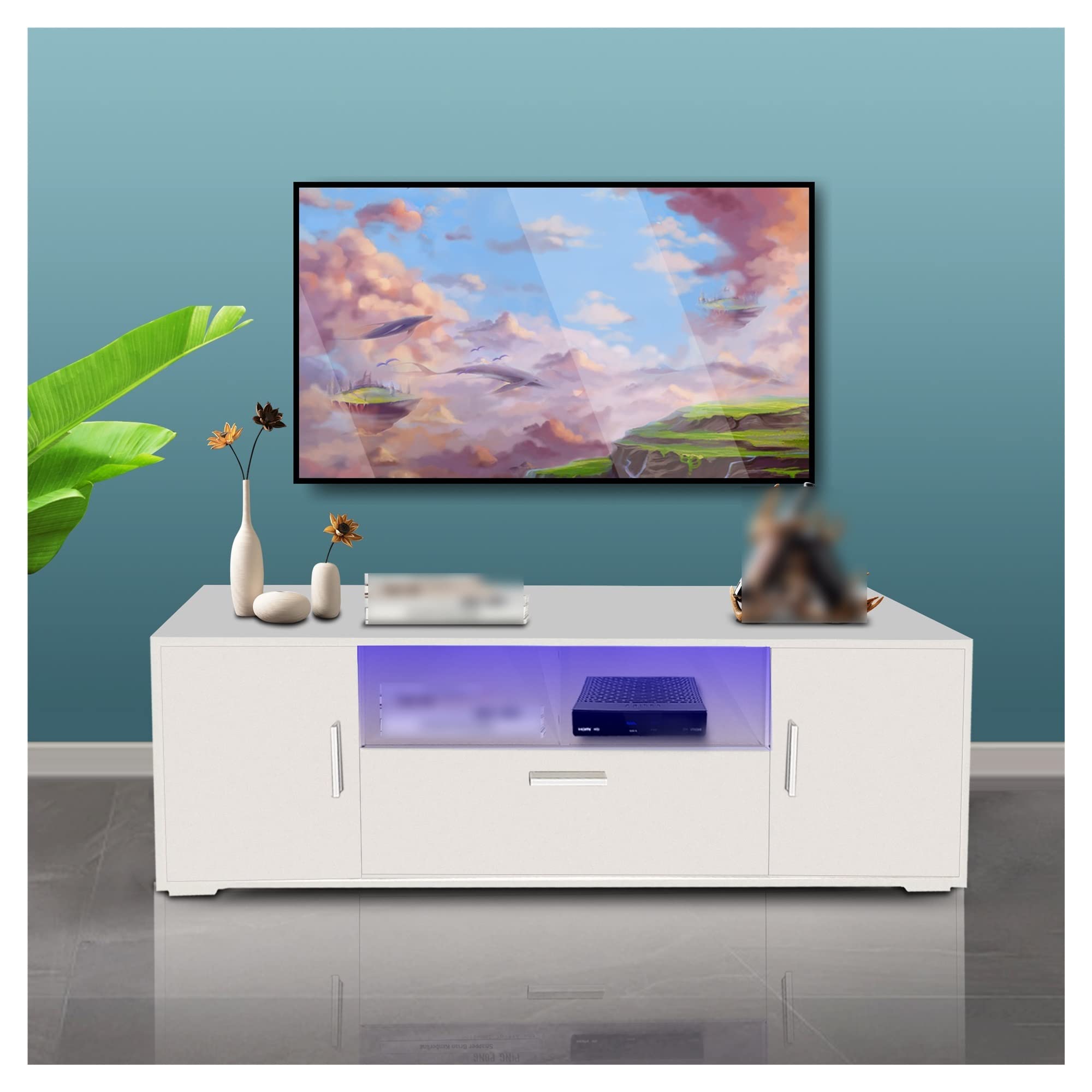 Modern White & Gray TV Stand with LED Lights - High Glossy Entertainment Center Cabinet - Quick 20-Minute Assembly - Perfect for Living Room, Bedroom & Home Theater Setup