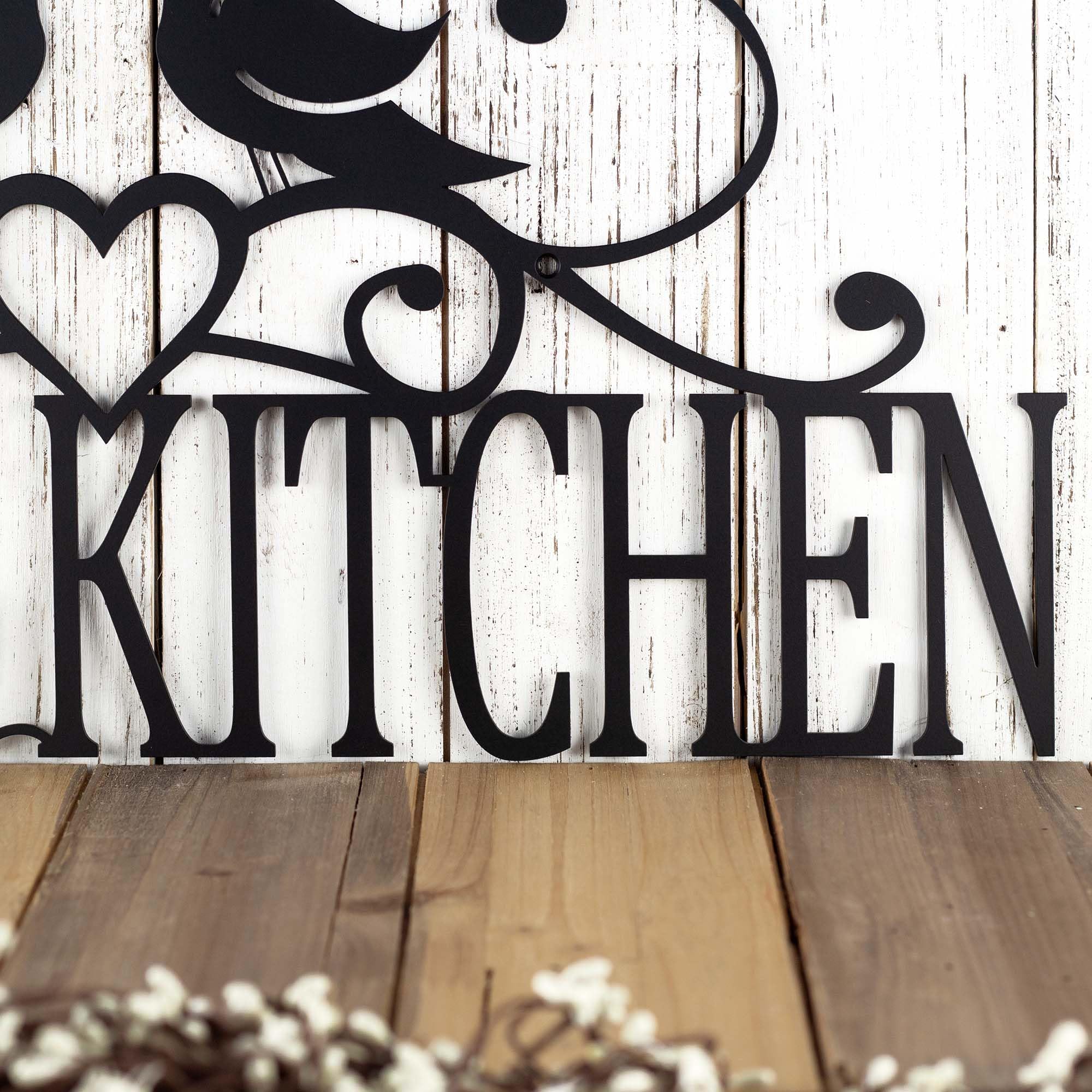Custom Metal Kitchen Name Sign with Birds, Heart & Scrolls - Personalized Home Decor for Farmhouse, Rustic & Country Style Kitchens