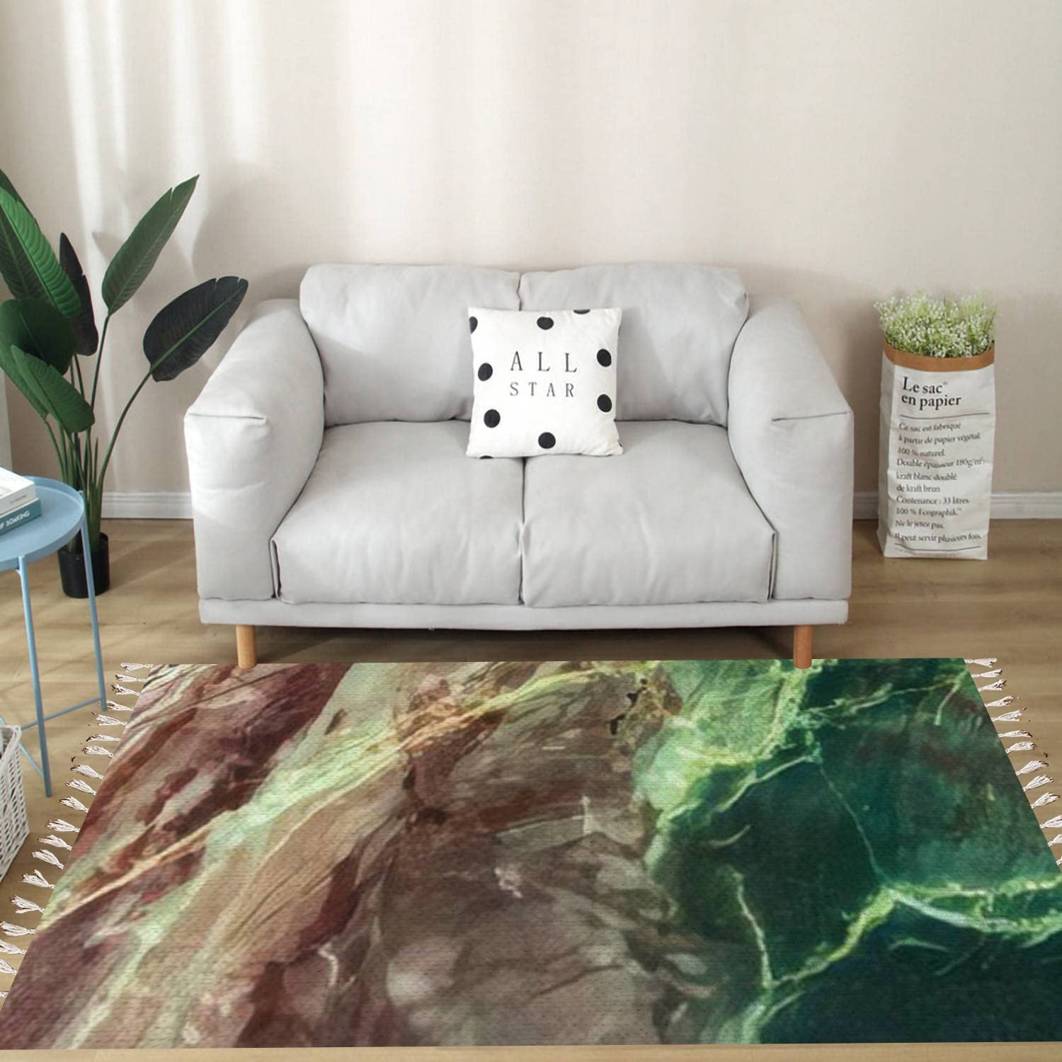 Vintage Cotton Linen Tassel Rug - Green Brown Jasper Stone Boho Decorative Area Rug | Washable Woven Runner Mat for Kitchen, Bathroom, Living Room & Outdoor Decor